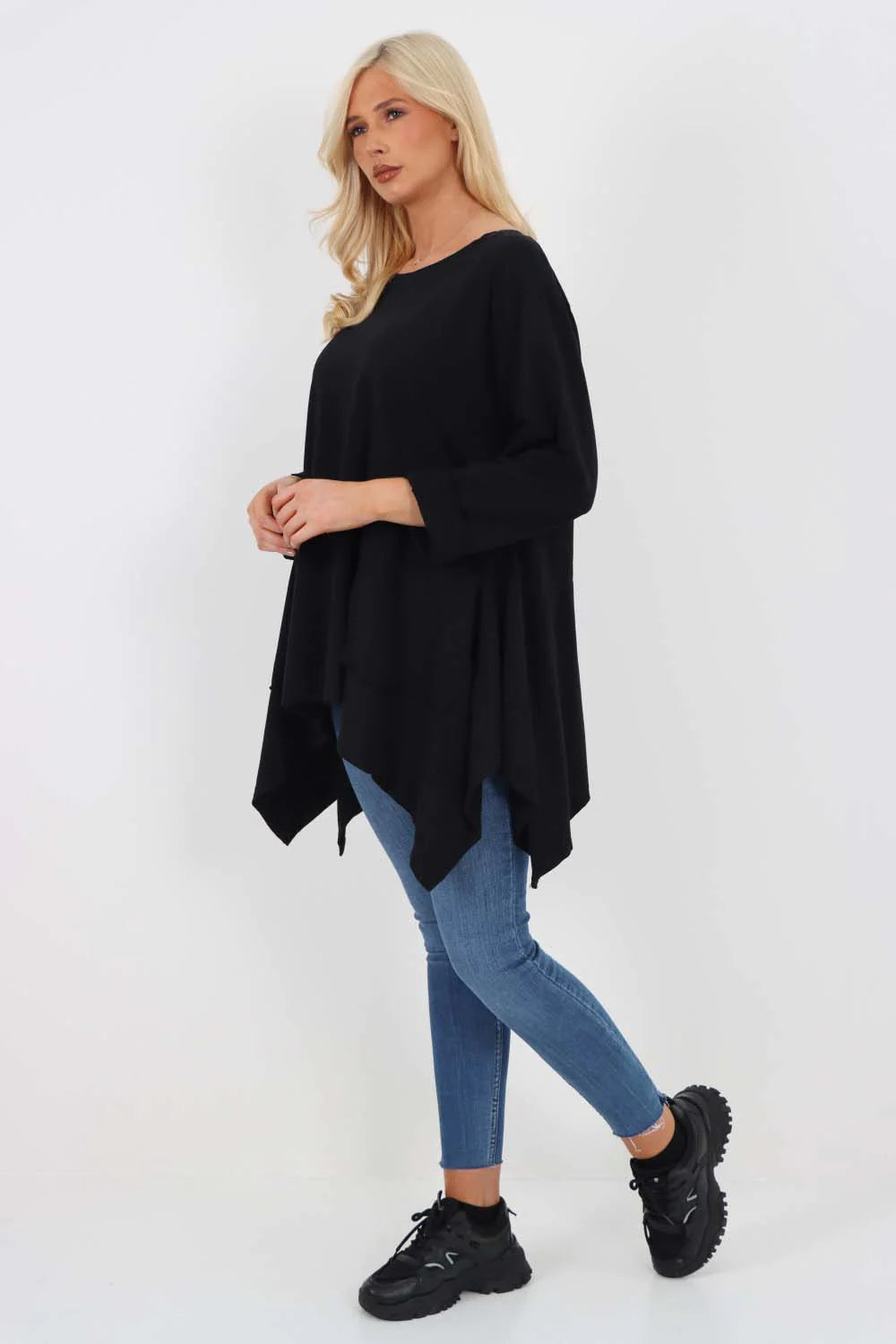 Italian Diagonal Pockets Cotton Tunic Top - Black