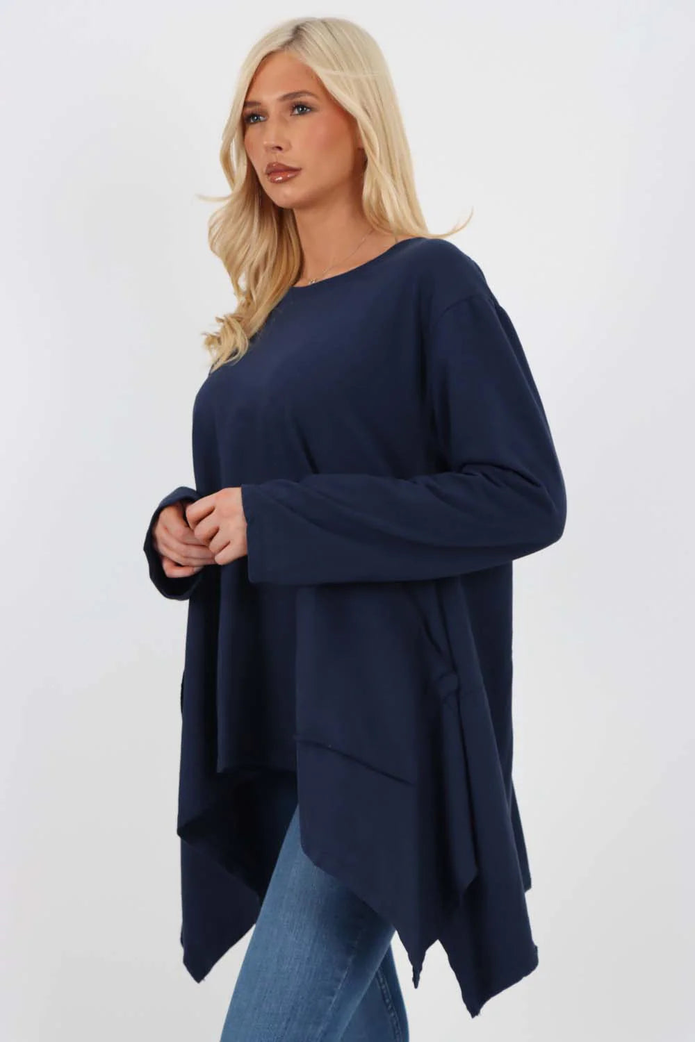 Italian Diagonal Pockets Cotton Tunic Top - Blue