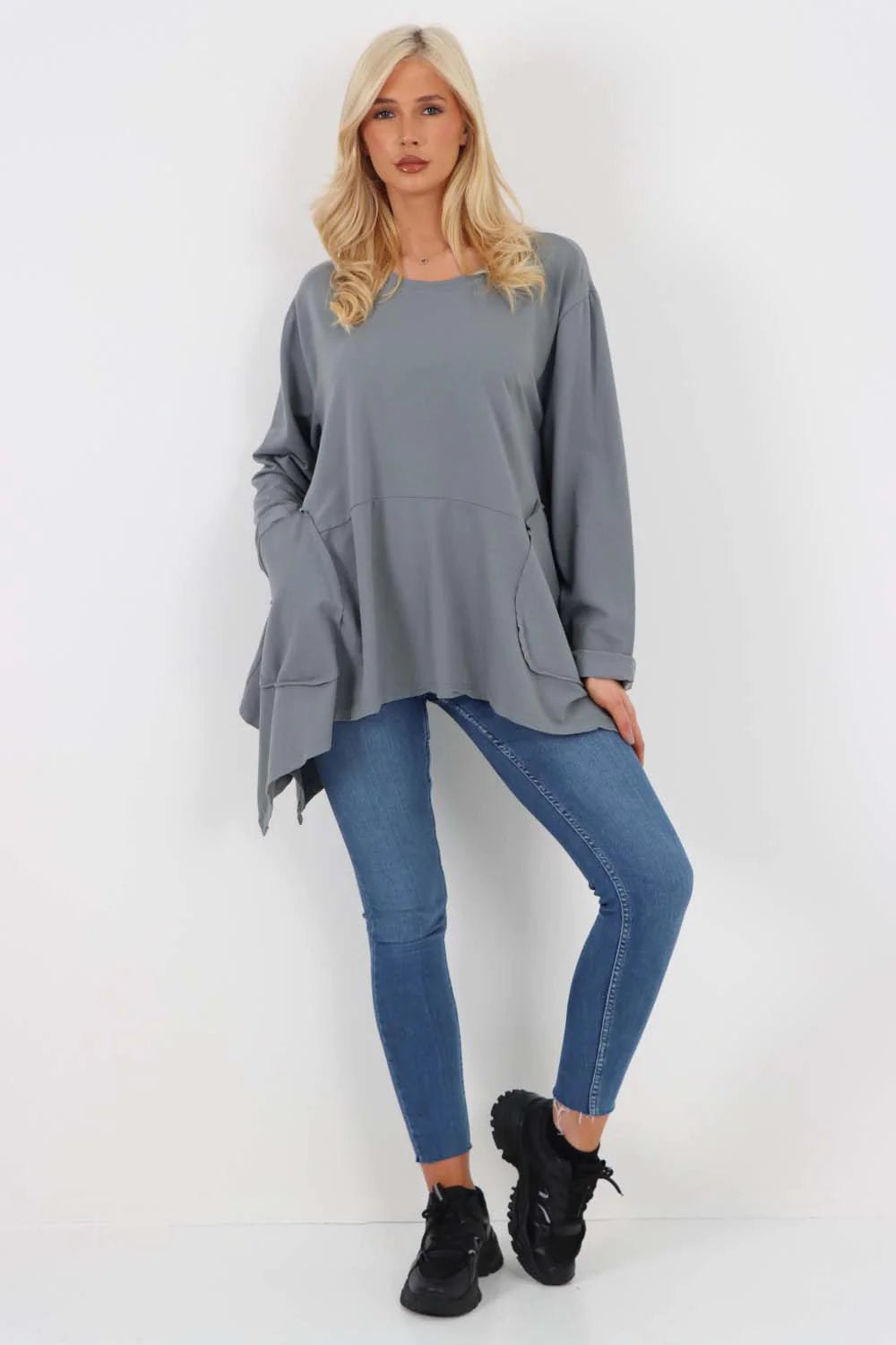 Italian Diagonal Pockets Cotton Tunic Top - Dark Grey