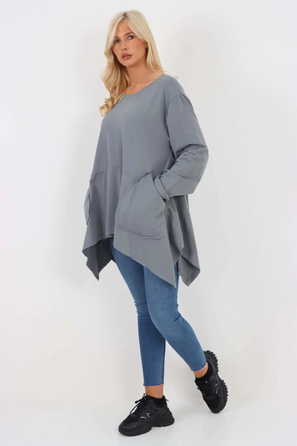 Italian Diagonal Pockets Cotton Tunic Top - Dark Grey