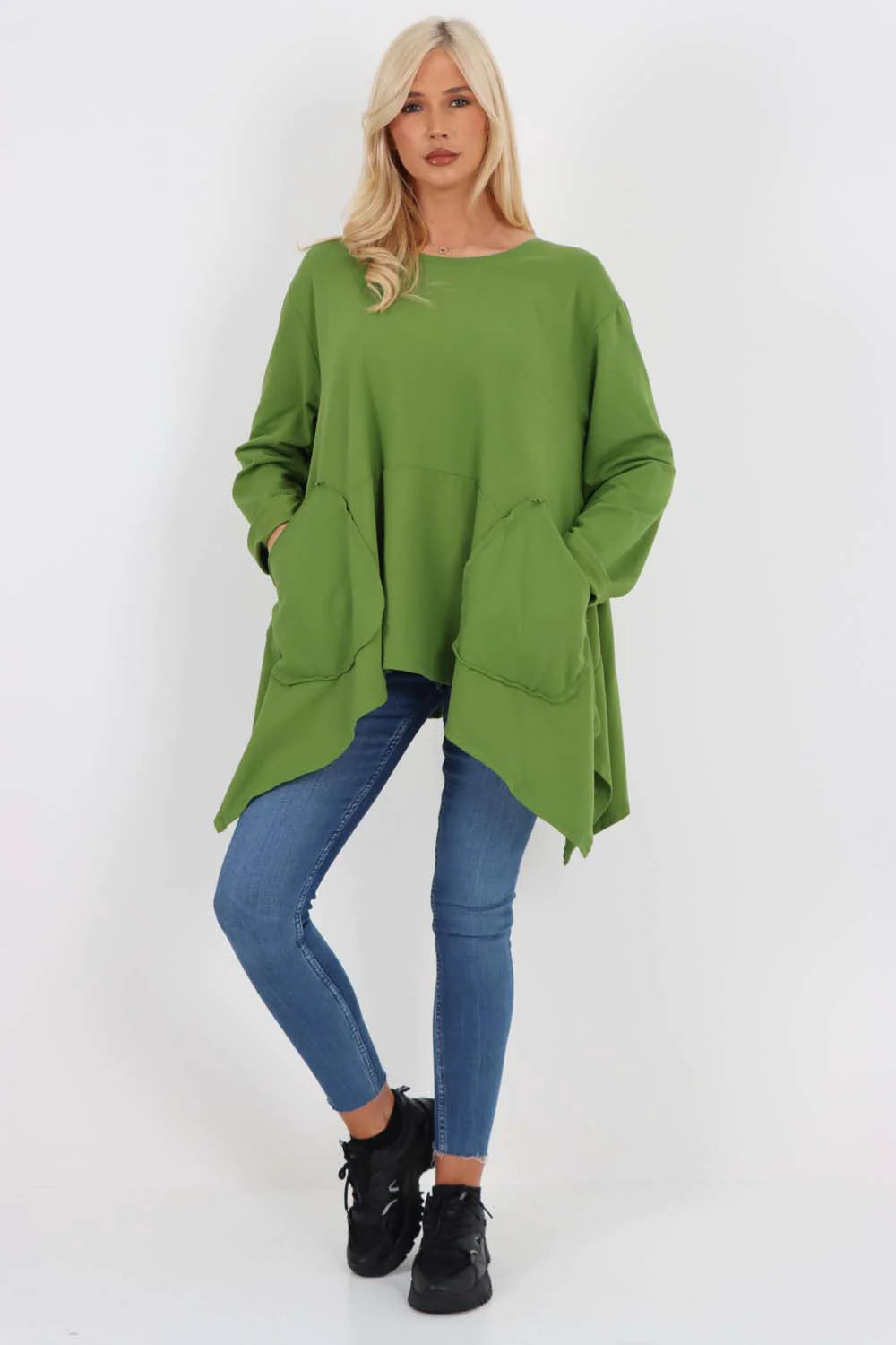 Italian Diagonal Pockets Cotton Tunic Top - Green