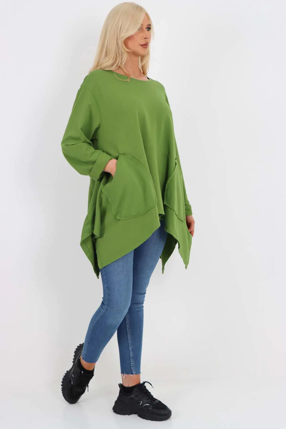 Italian Diagonal Pockets Cotton Tunic Top - Green