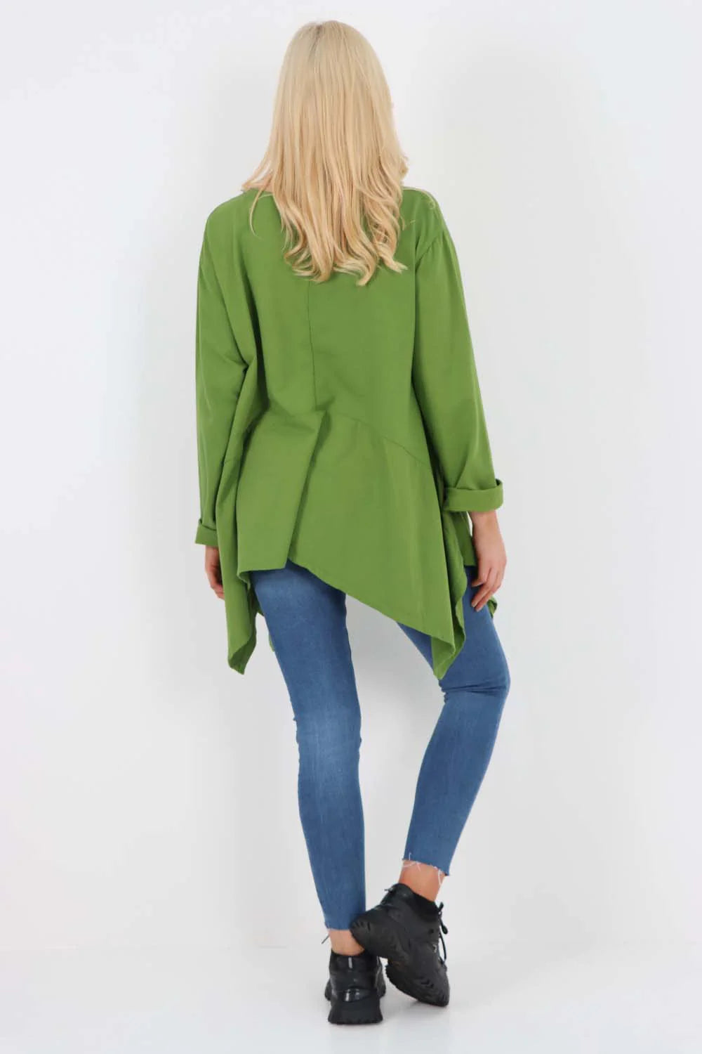 Italian Diagonal Pockets Cotton Tunic Top - Green