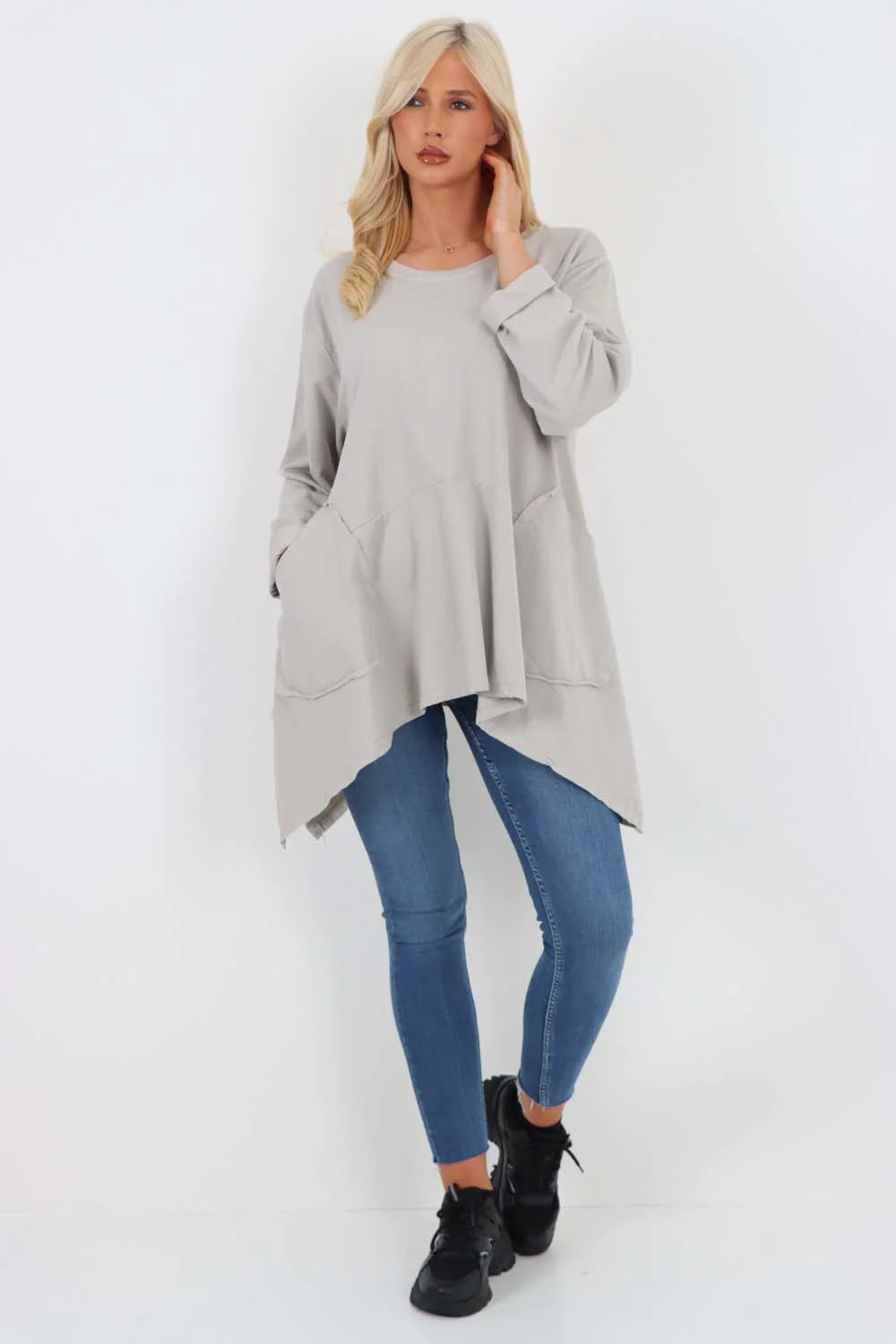 Italian Diagonal Pockets Cotton Tunic Top - Grey