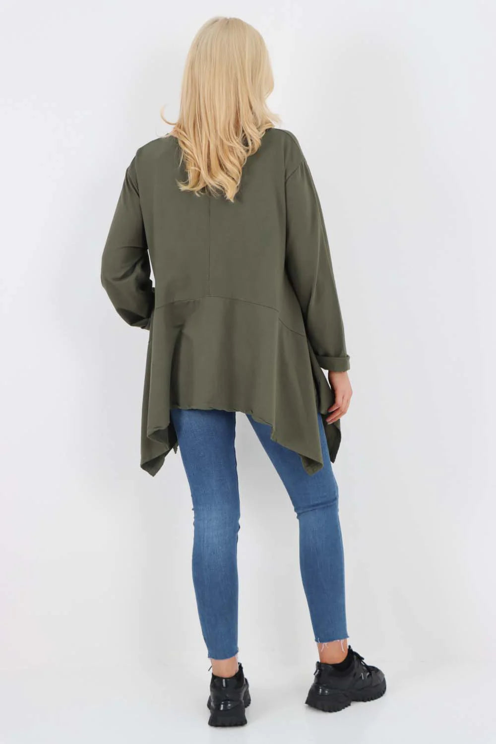 Italian Diagonal Pockets Cotton Tunic Top - Khaki