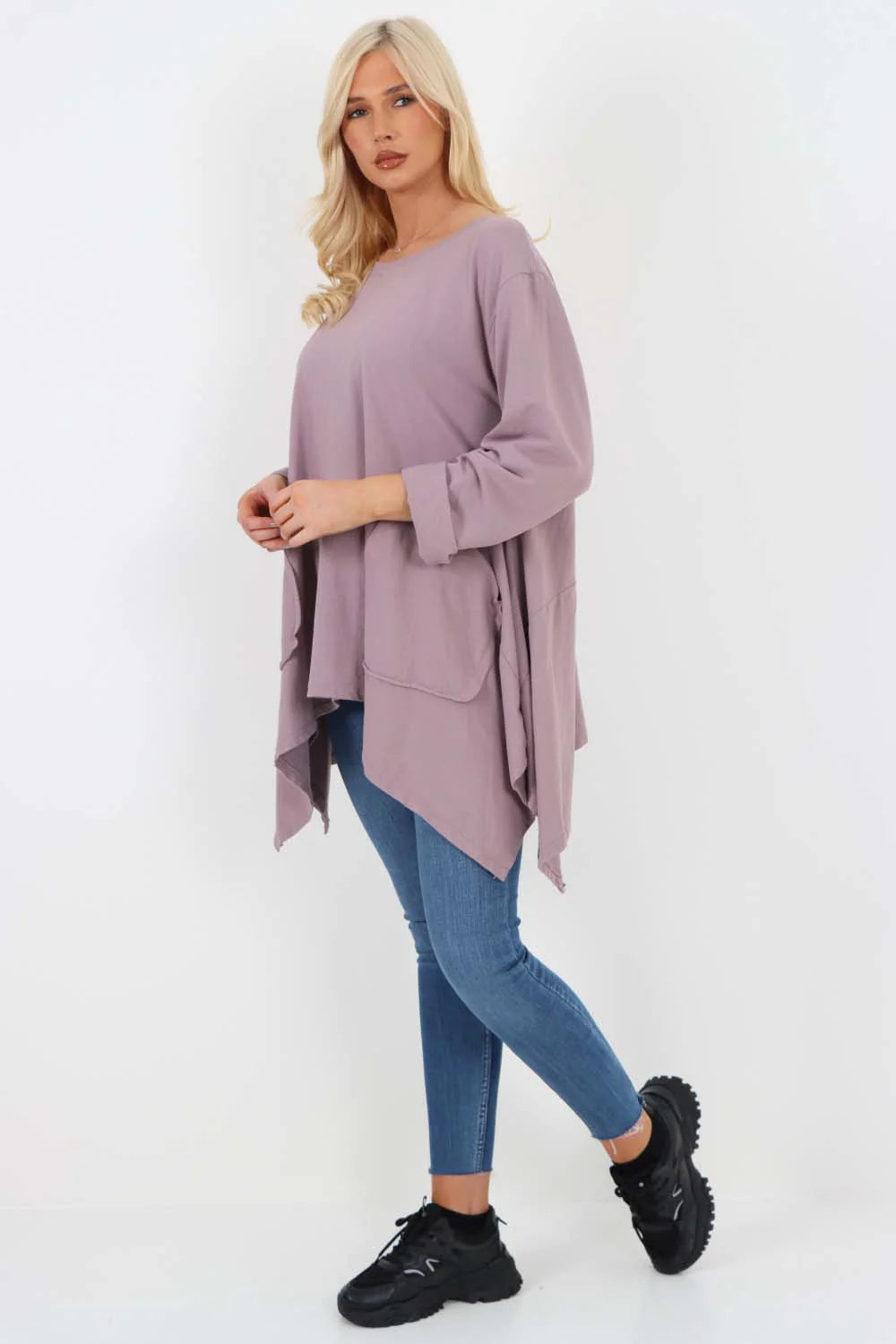 Italian Diagonal Pockets Cotton Tunic Top - Lilac