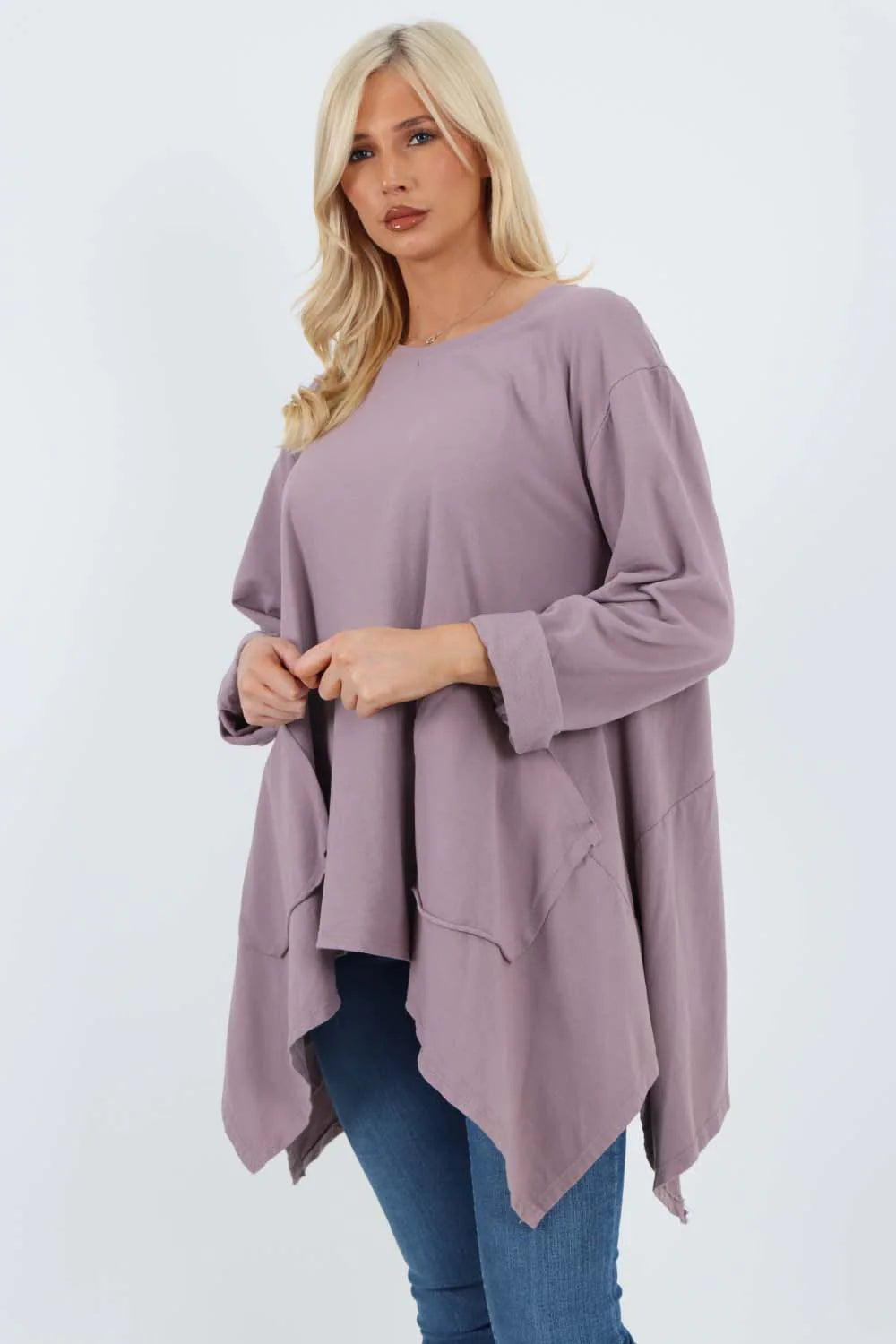 Italian Diagonal Pockets Cotton Tunic Top - Lilac