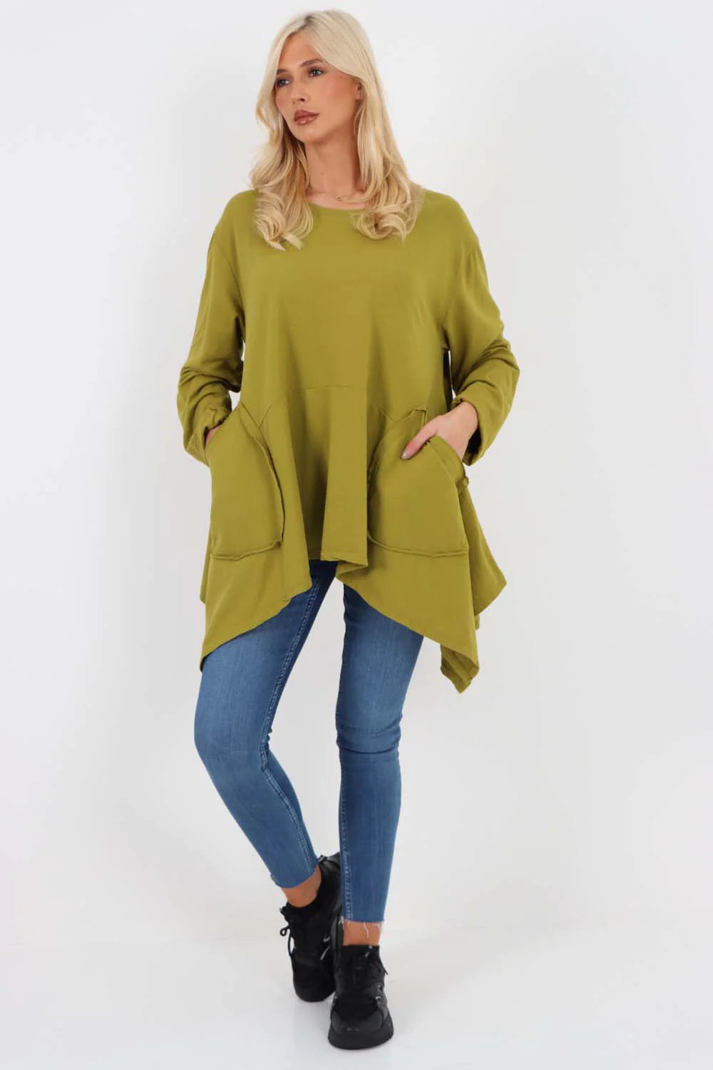 Italian Diagonal Pockets Cotton Tunic Top - Lime Green