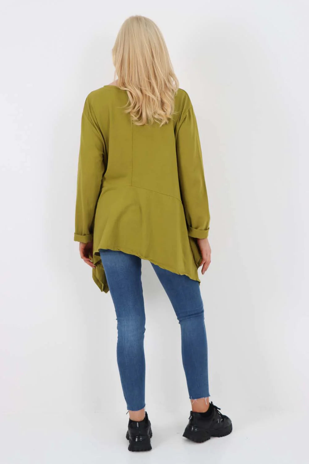 Italian Diagonal Pockets Cotton Tunic Top - Lime Green