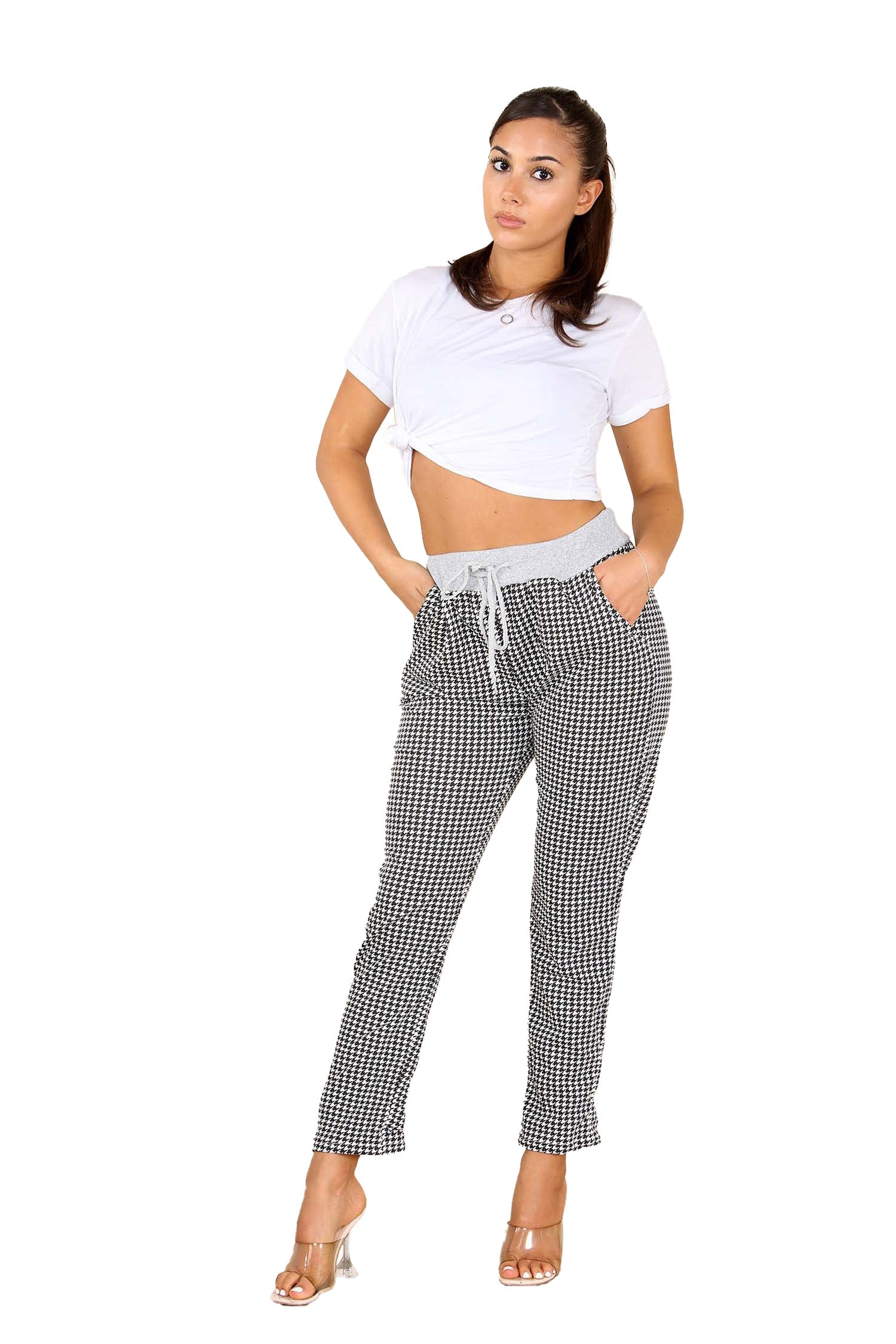 Italian Dogtooth Print Drawstring Cotton Joggers - Black