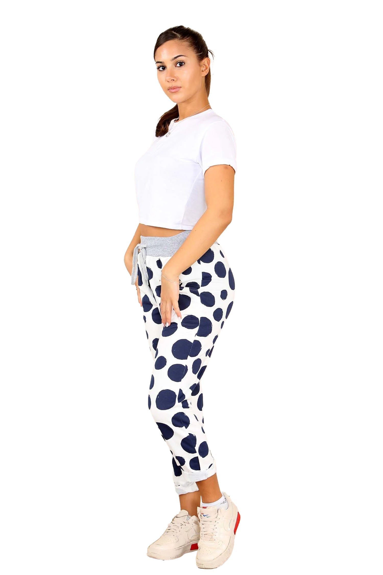 Italian Dotted Print Drawstring Cotton Joggers - White