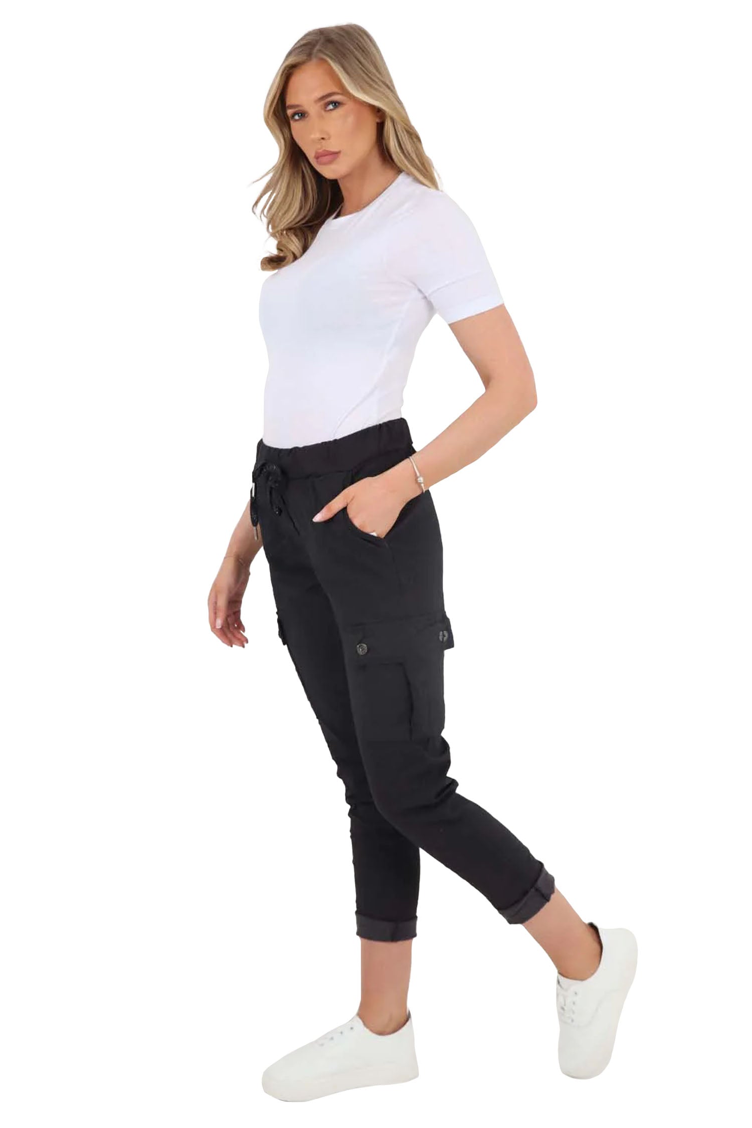 Italian Drawstring Waistband Magic Cargo Trouser - Black