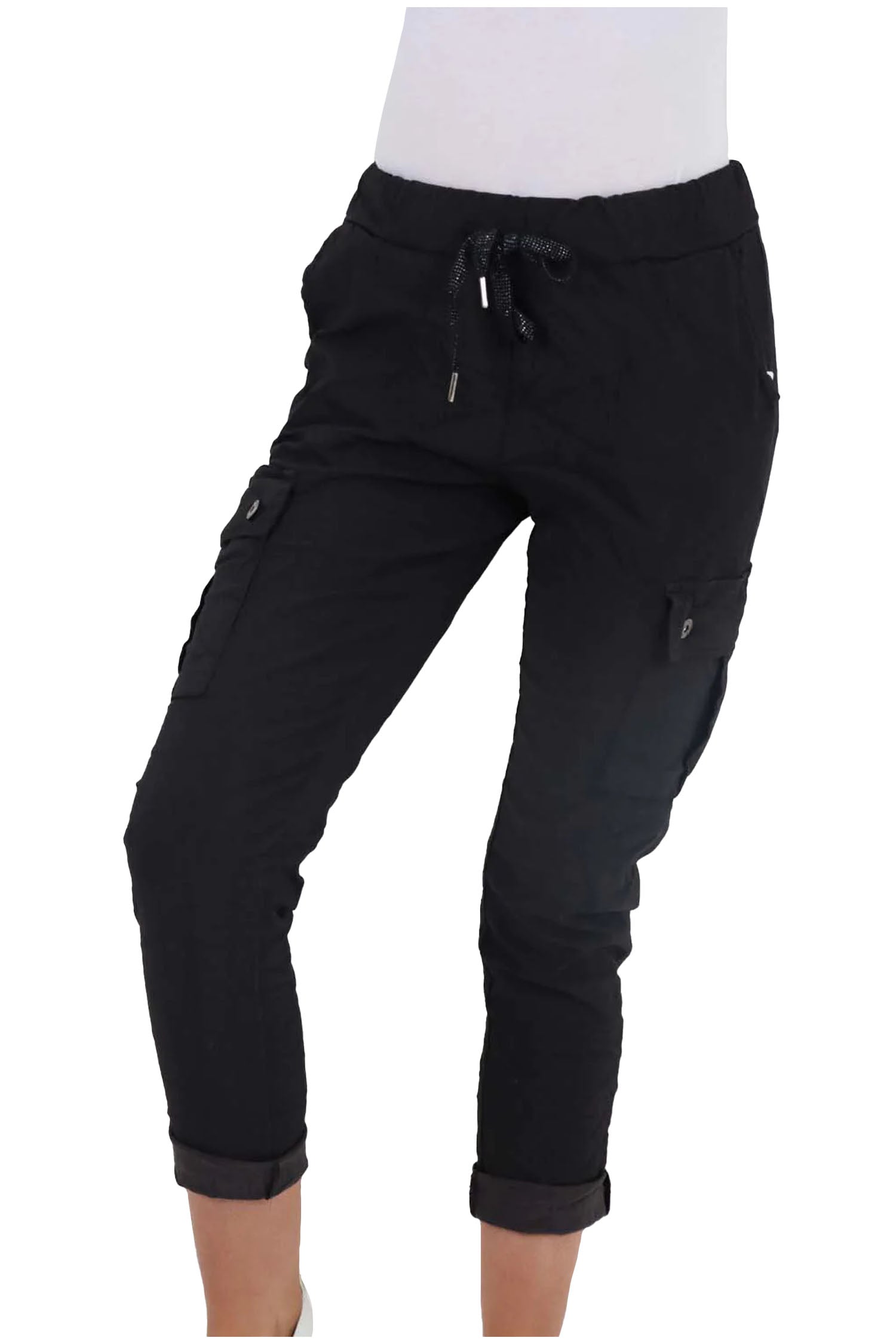 Italian Drawstring Waistband Magic Cargo Trouser - Black