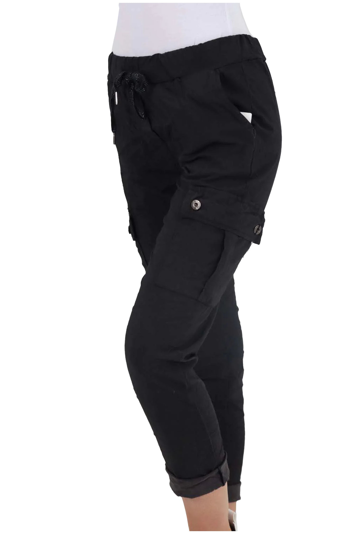 Italian Drawstring Waistband Magic Cargo Trouser - Black