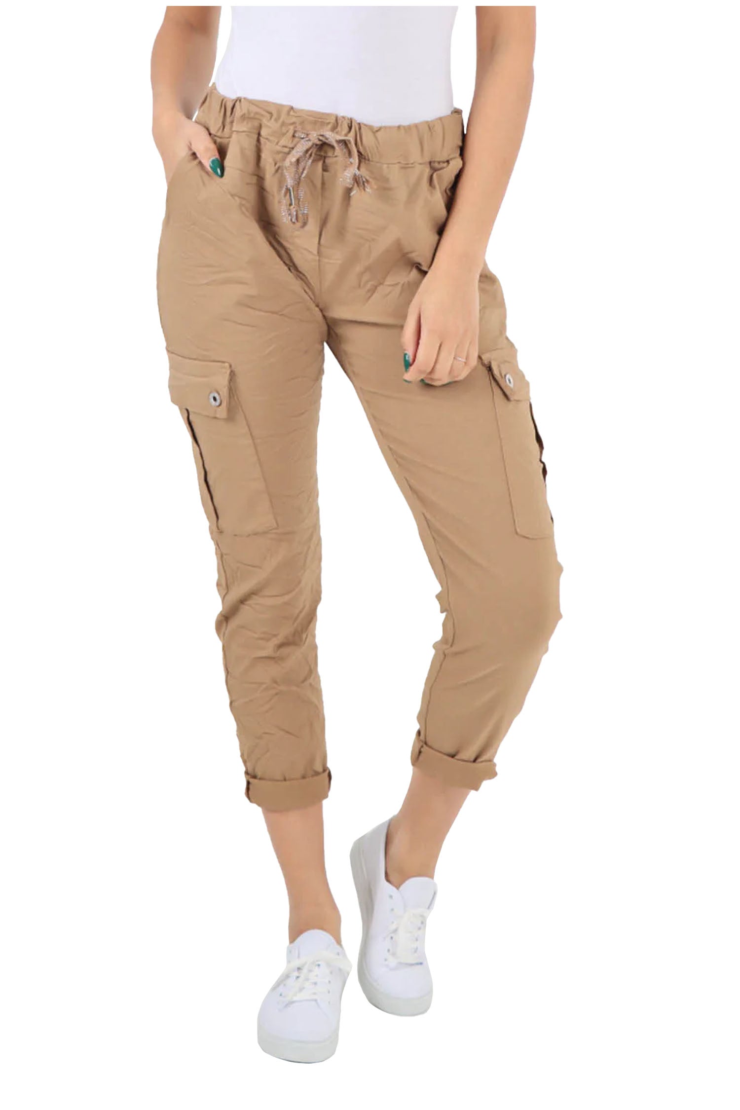 Italian Drawstring Waistband Magic Cargo Trouser - Camel