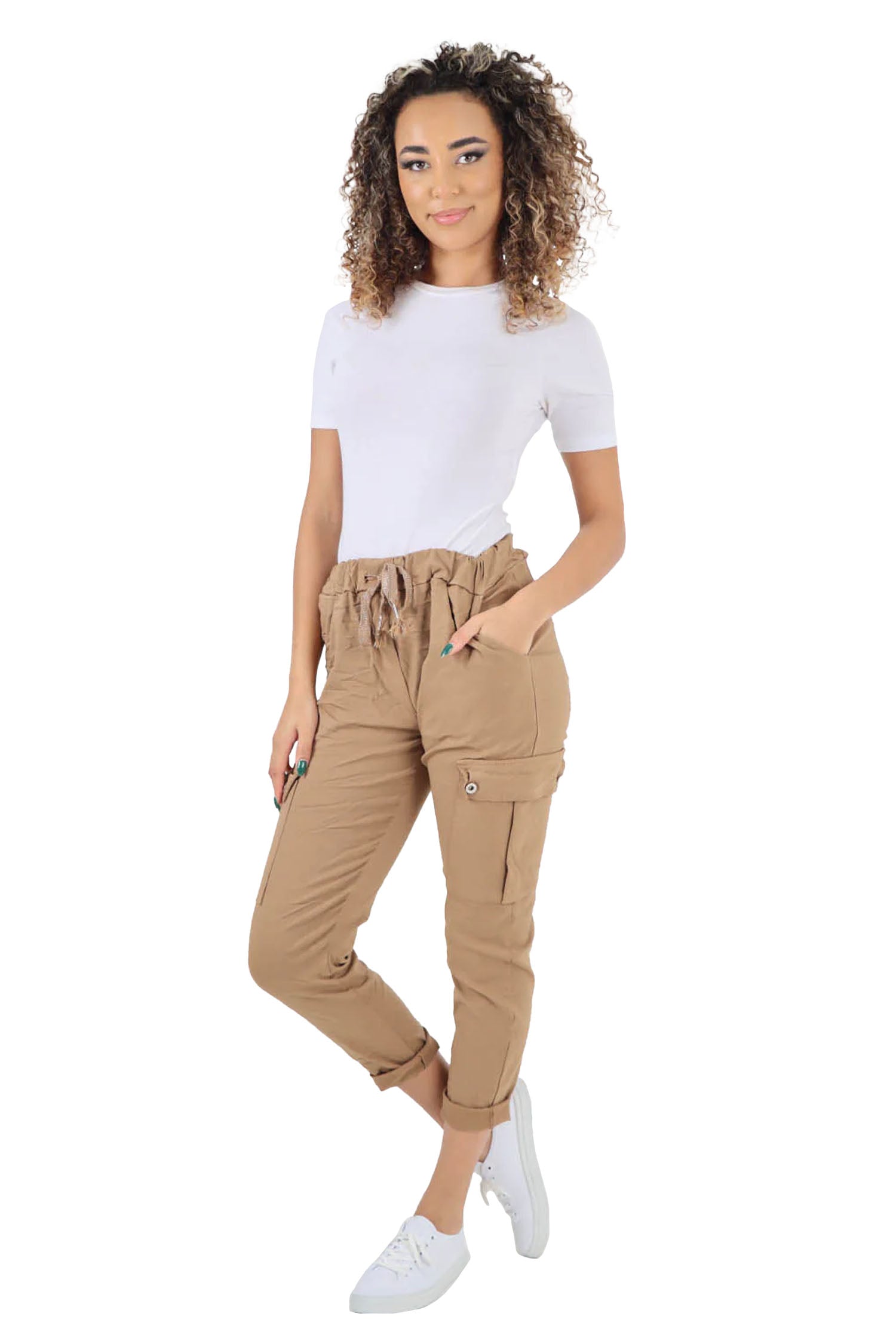 Italian Drawstring Waistband Magic Cargo Trouser - Light Brown