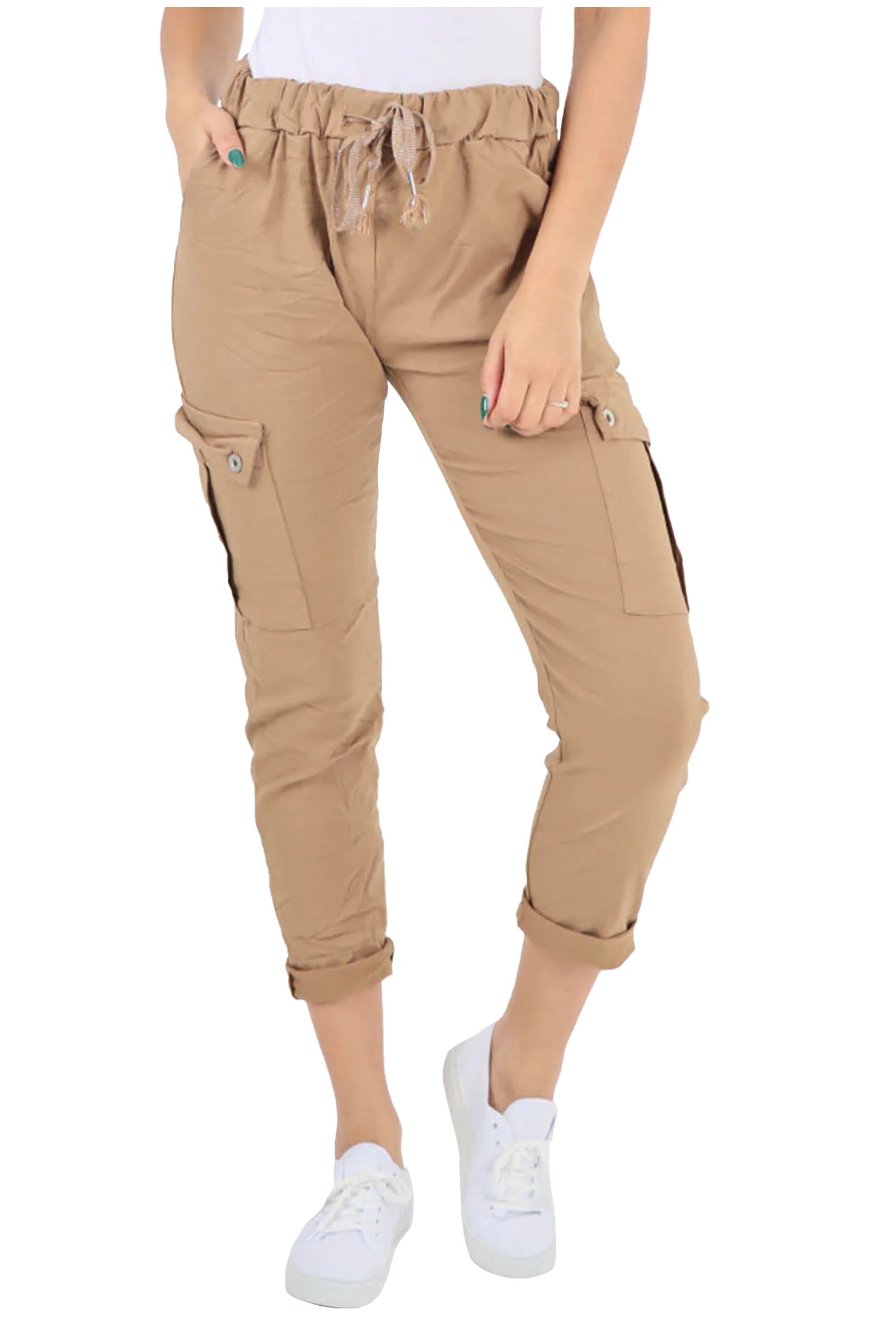 Italian Drawstring Waistband Magic Cargo Trouser - Light Brown