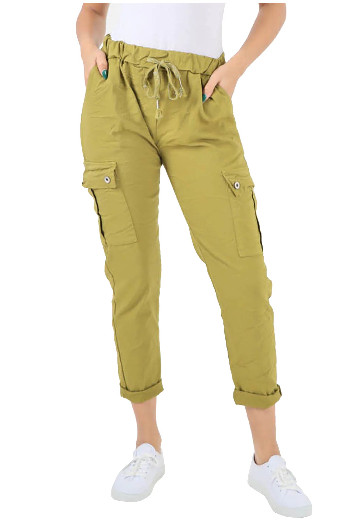 Italian Drawstring Waistband Magic Cargo Trouser - Lime Green