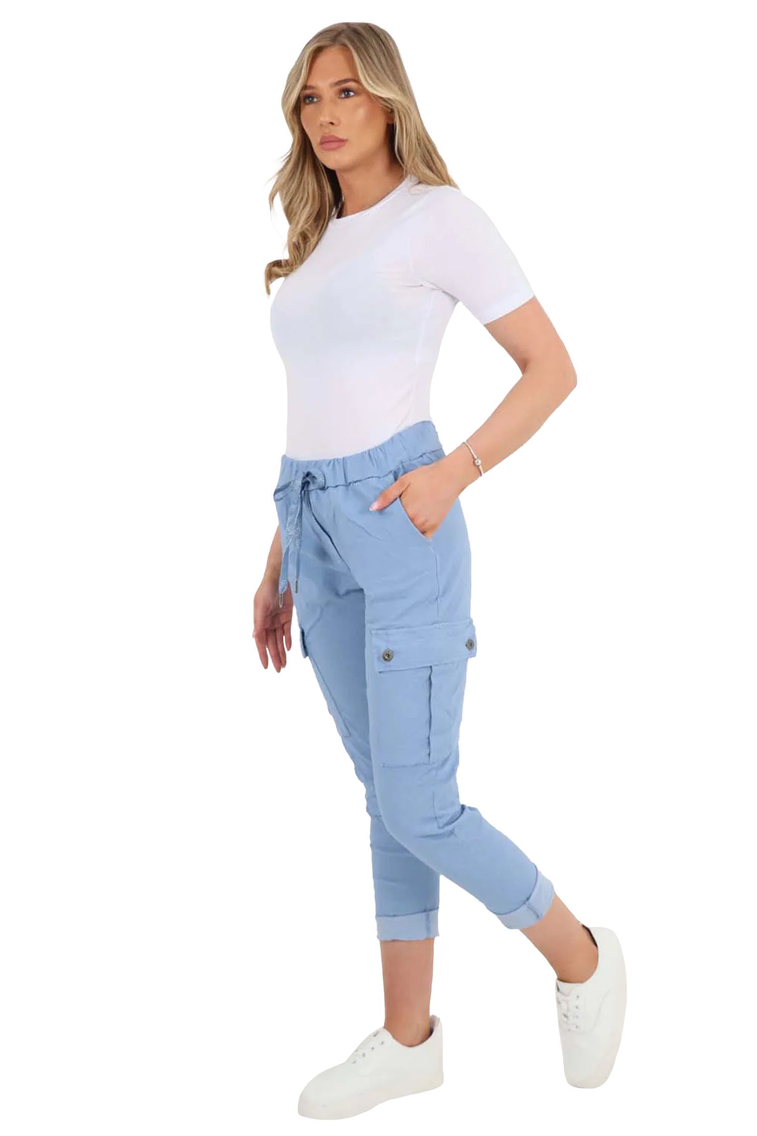 Italian Drawstring Waistband Magic Cargo Trouser - Sky Blue