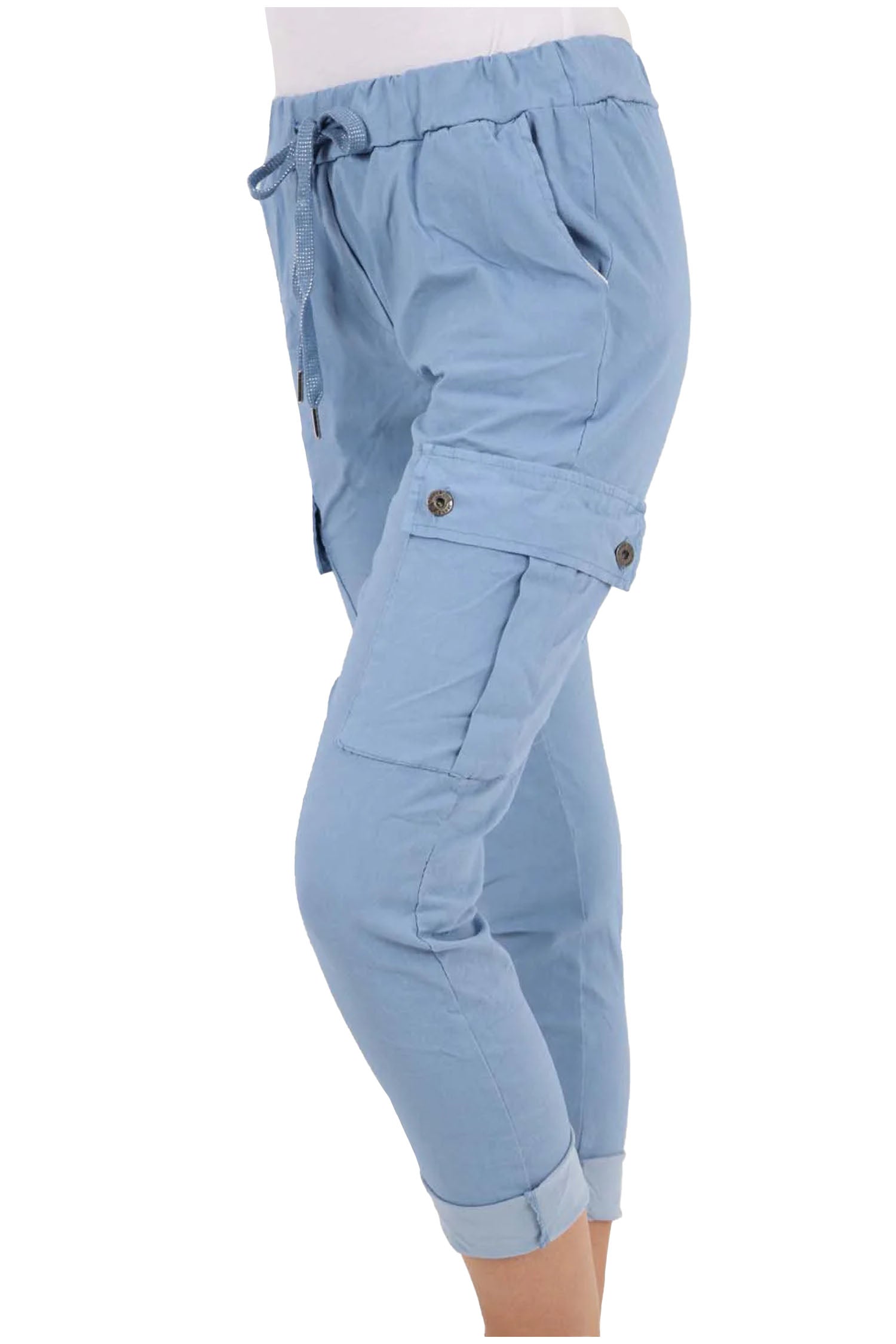 Italian Drawstring Waistband Magic Cargo Trouser - Sky Blue