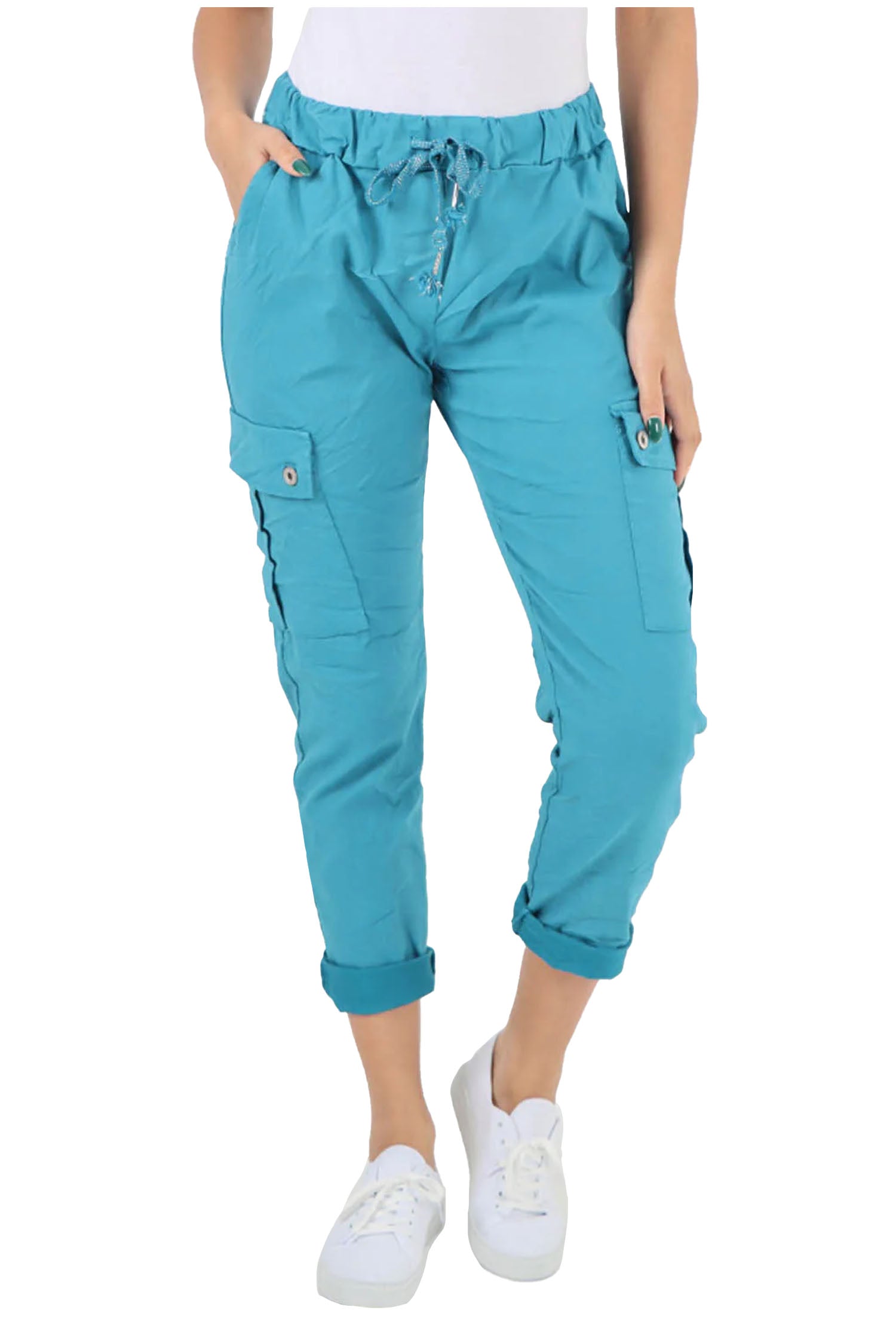 Italian Drawstring Waistband Magic Cargo Trouser - Teal