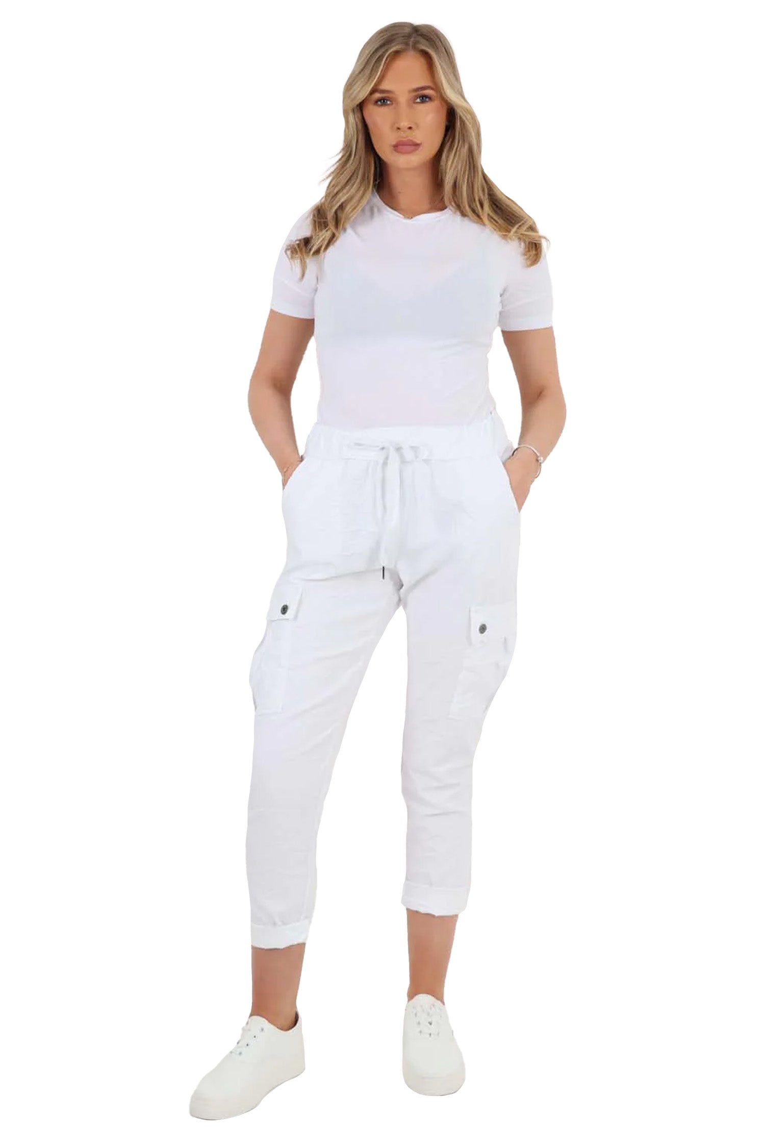 Italian Drawstring Waistband Magic Cargo Trouser - White