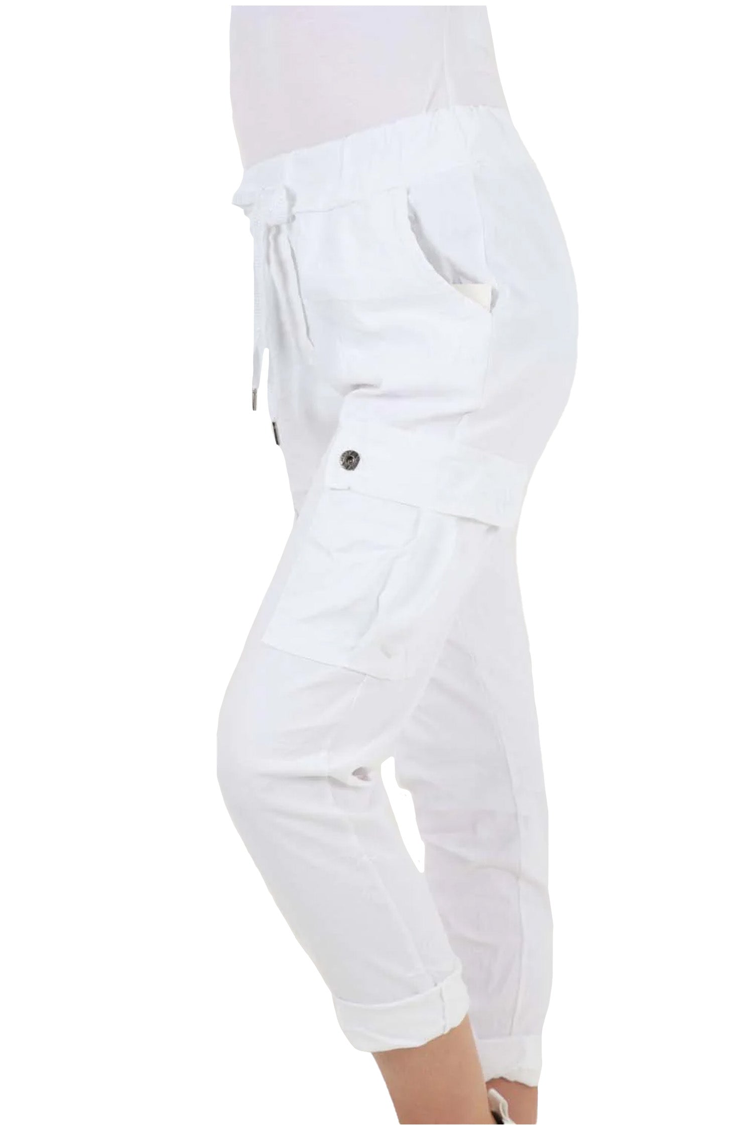 Italian Drawstring Waistband Magic Cargo Trouser - White