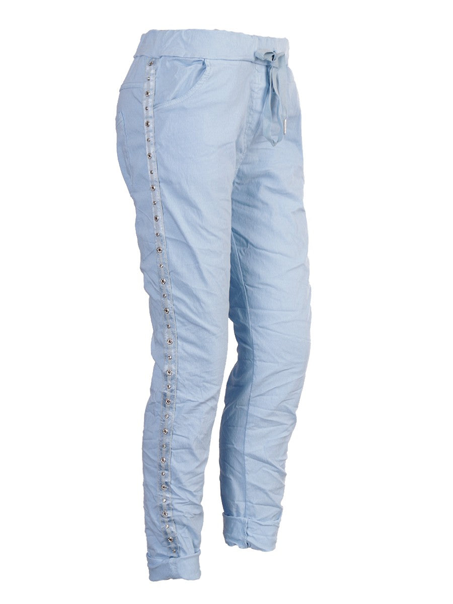 Italian Drawstring Diamante Panel Elasticated Magic Pants - Ice Blue