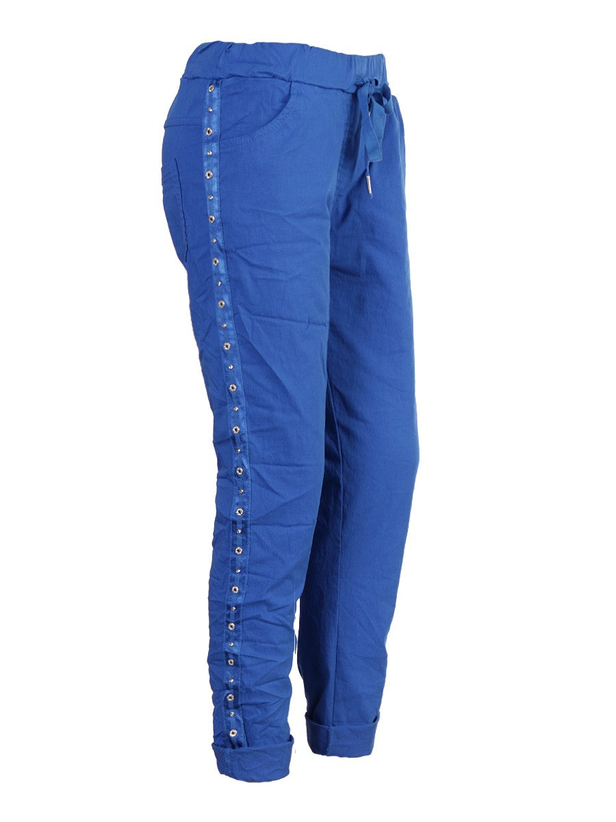 Italian Drawstring Diamante Panel Elasticated Magic Pants - Royal Blue