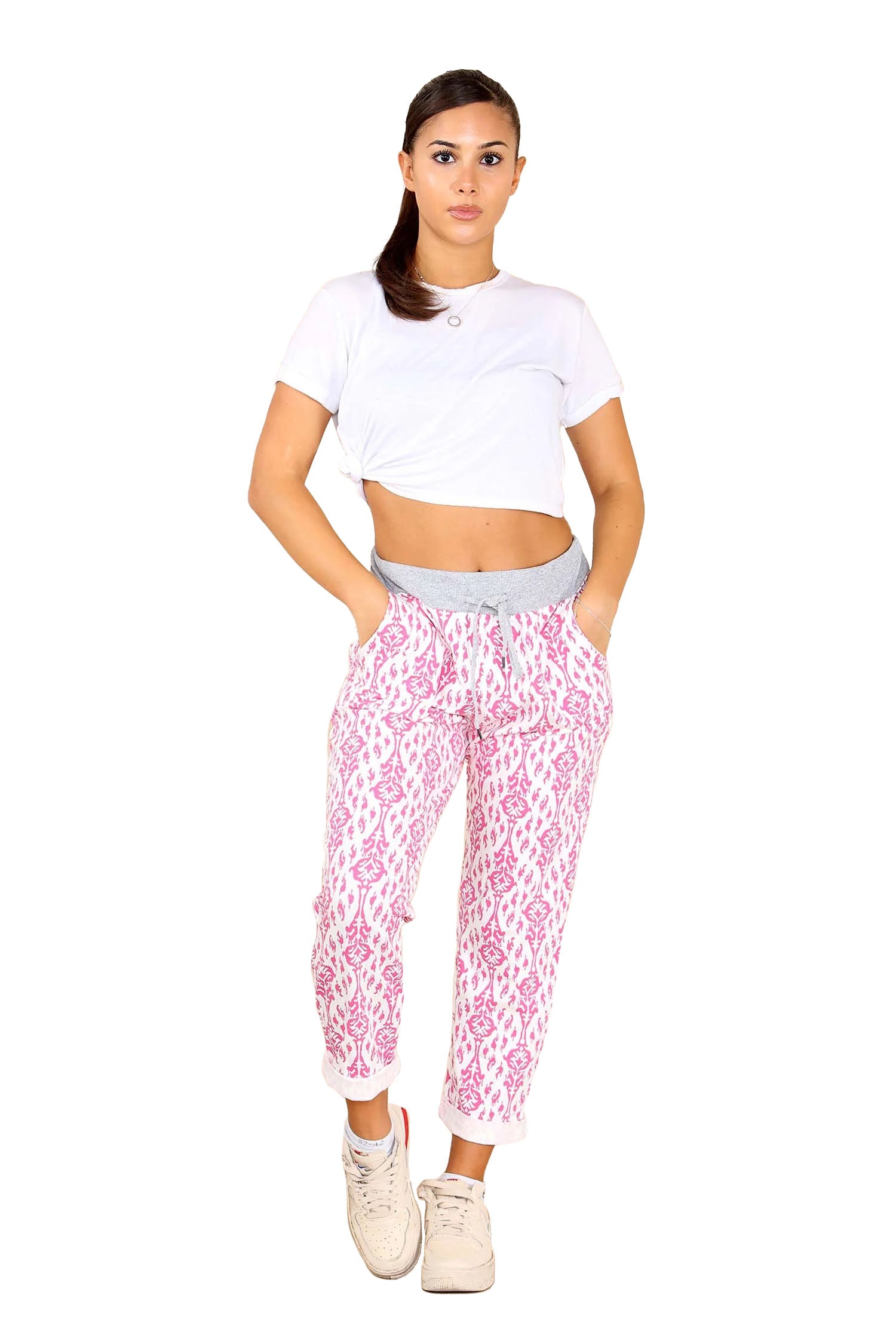 Italian Floral Print Drawstring Cotton Joggers - Baby Pink