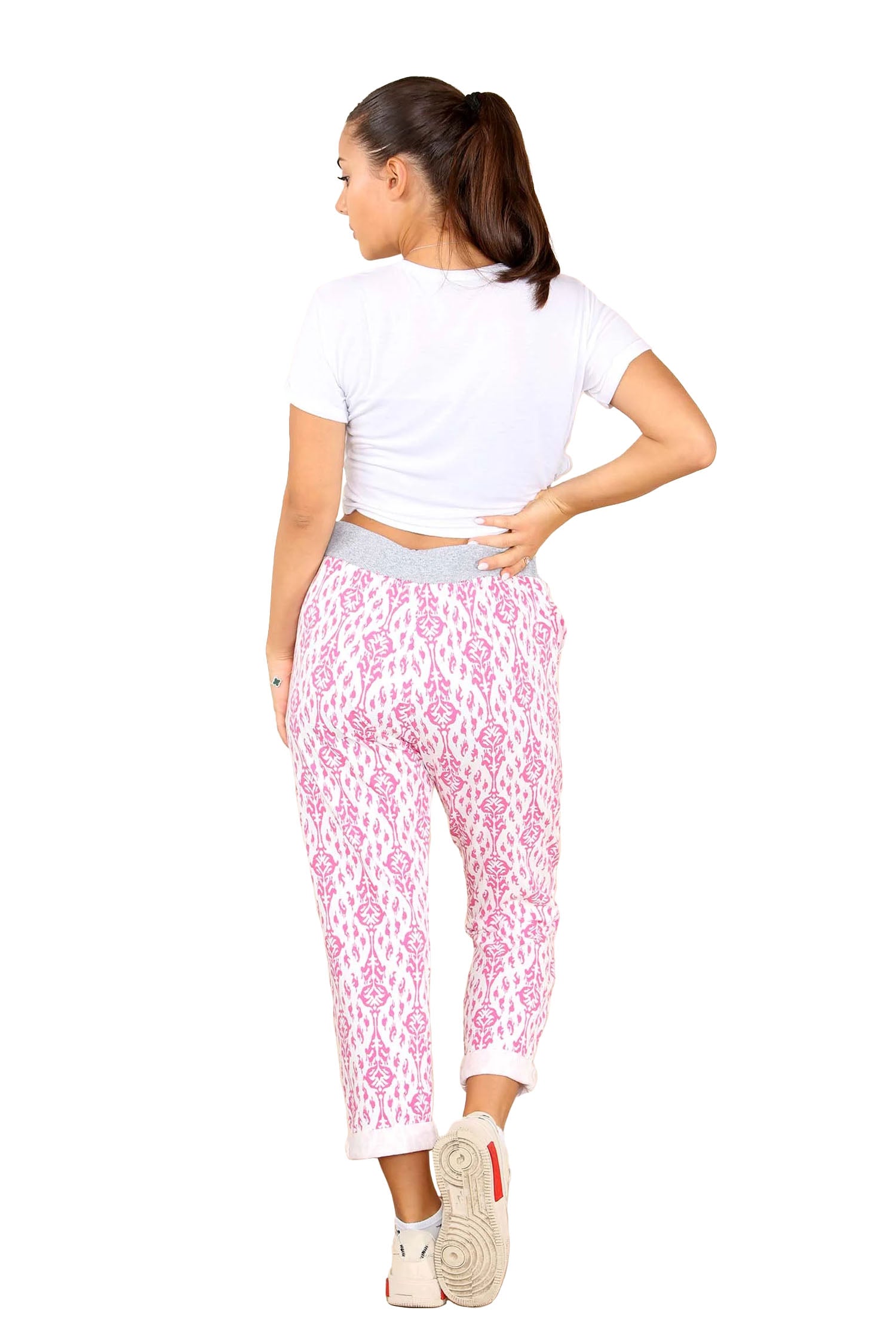 Italian Floral Print Drawstring Cotton Joggers - Baby Pink