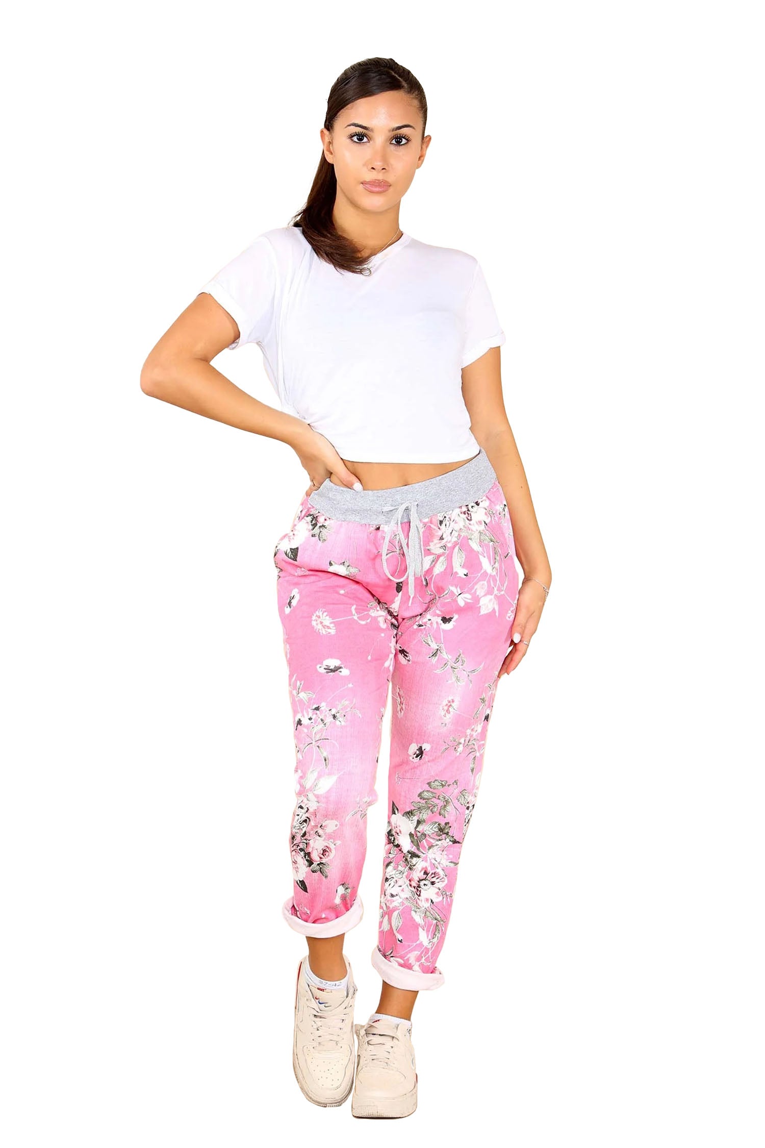 Italian Floral Print Drawstring Cotton Joggers - Baby Pink