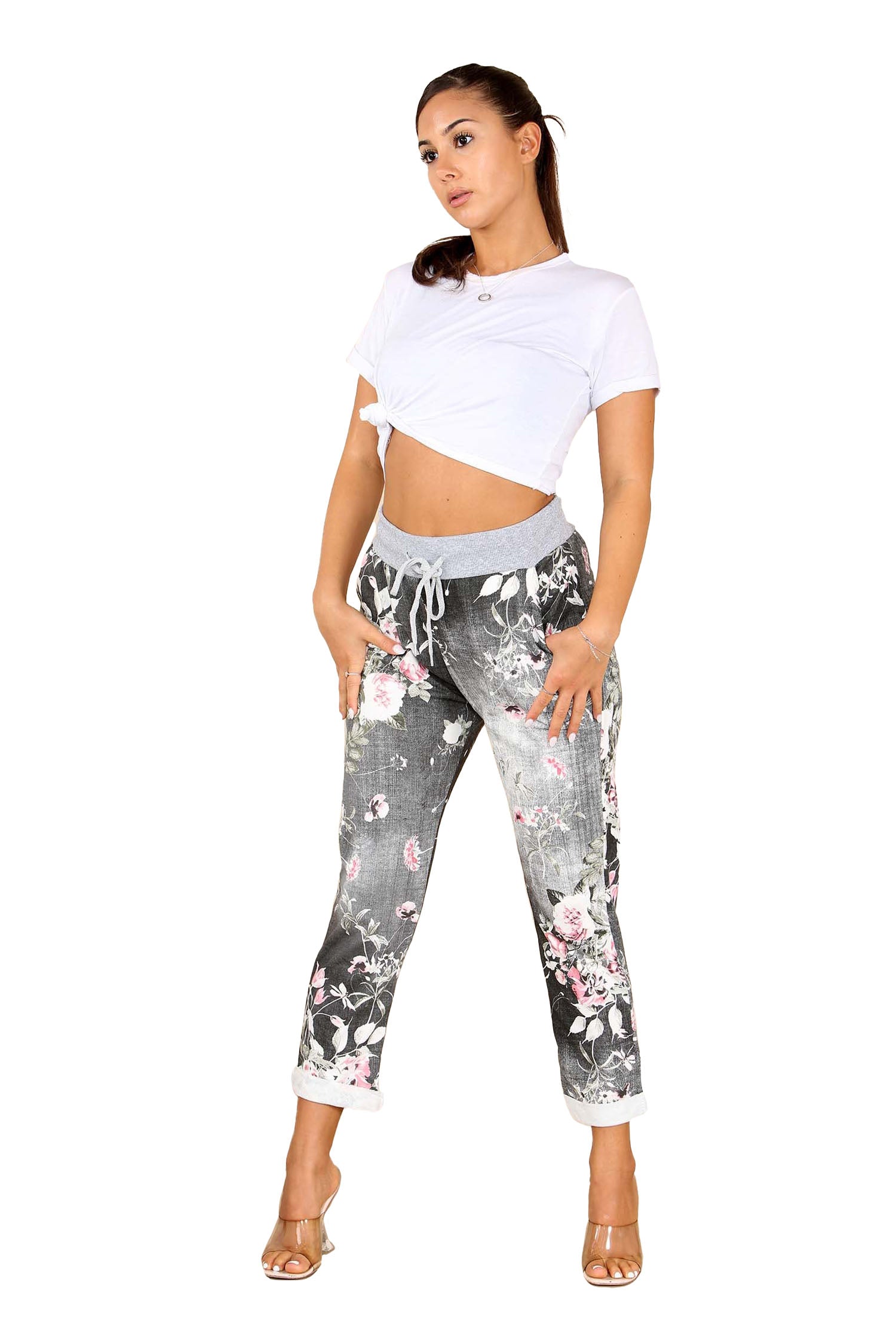 Italian Floral Print Drawstring Cotton Joggers - Black