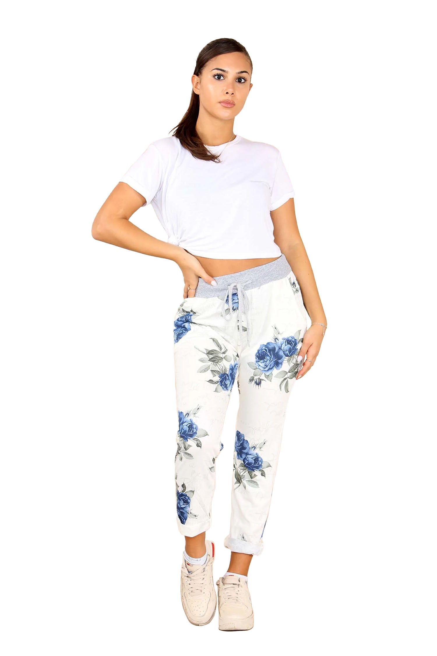 Italian Floral Print Drawstring Cotton Joggers - Blue