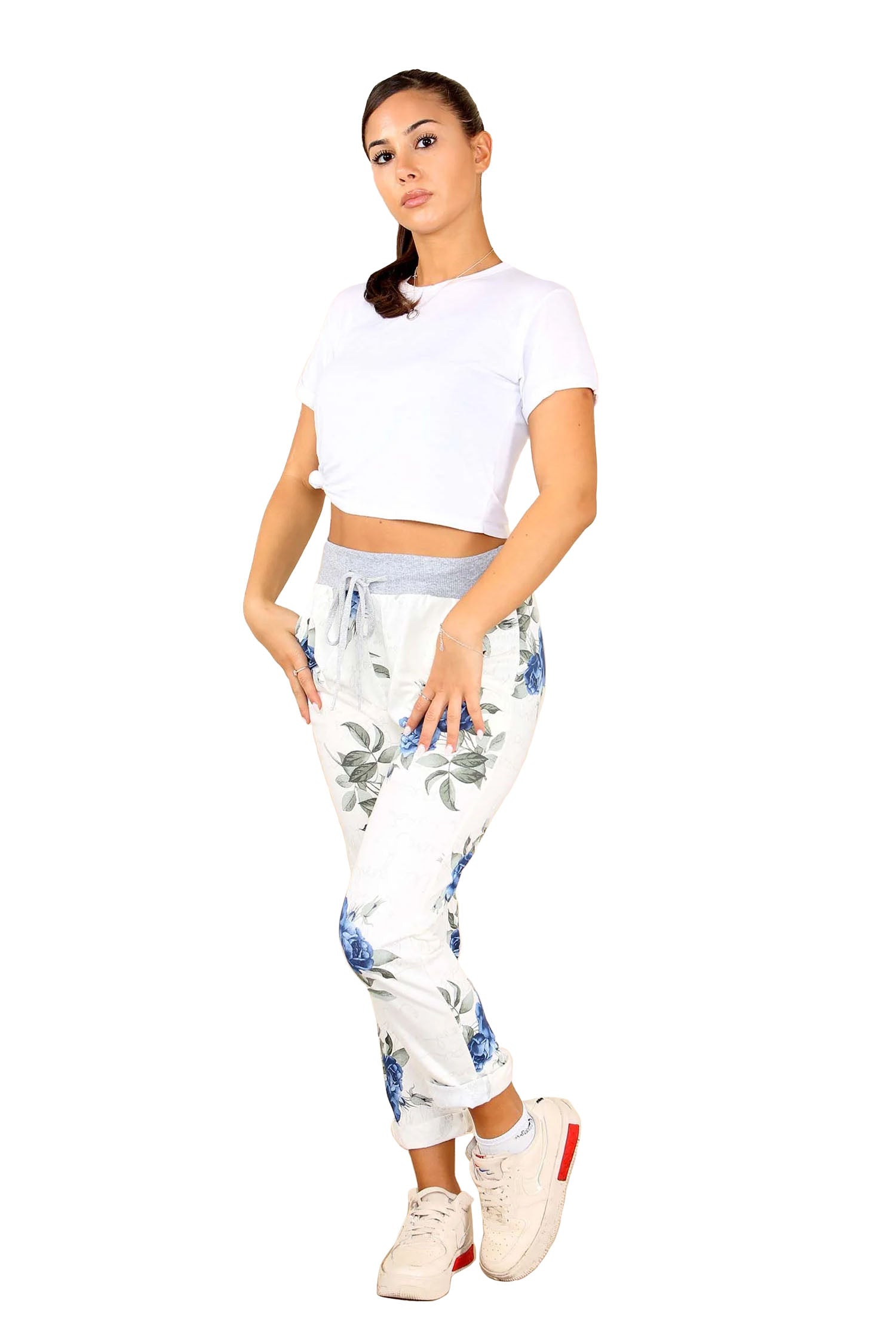 Italian Floral Print Drawstring Cotton Joggers - Blue