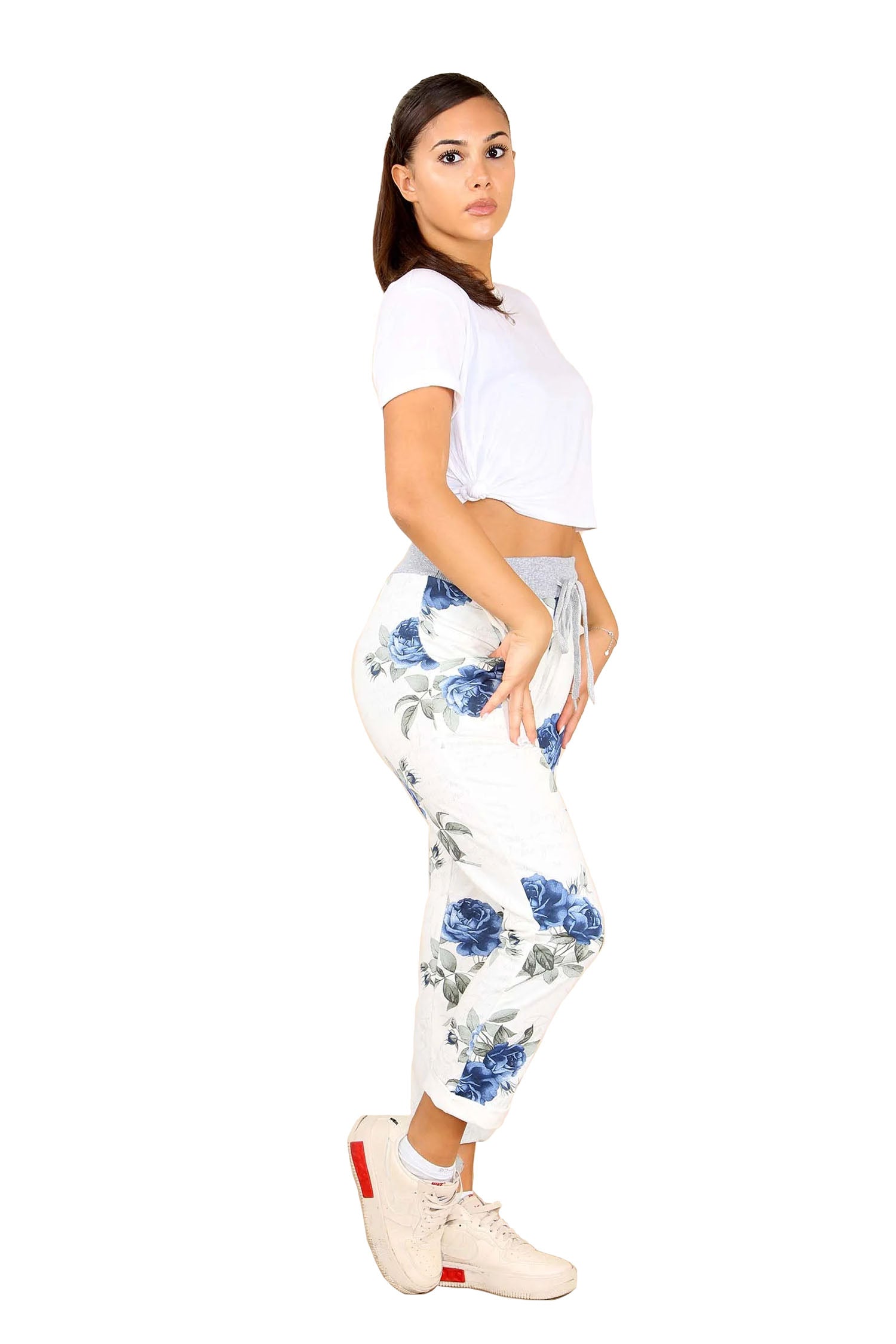 Italian Floral Print Drawstring Cotton Joggers - Blue