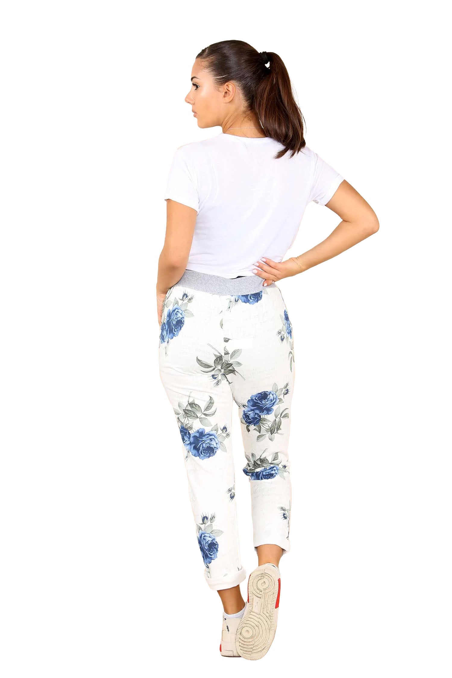 Italian Floral Print Drawstring Cotton Joggers - Blue