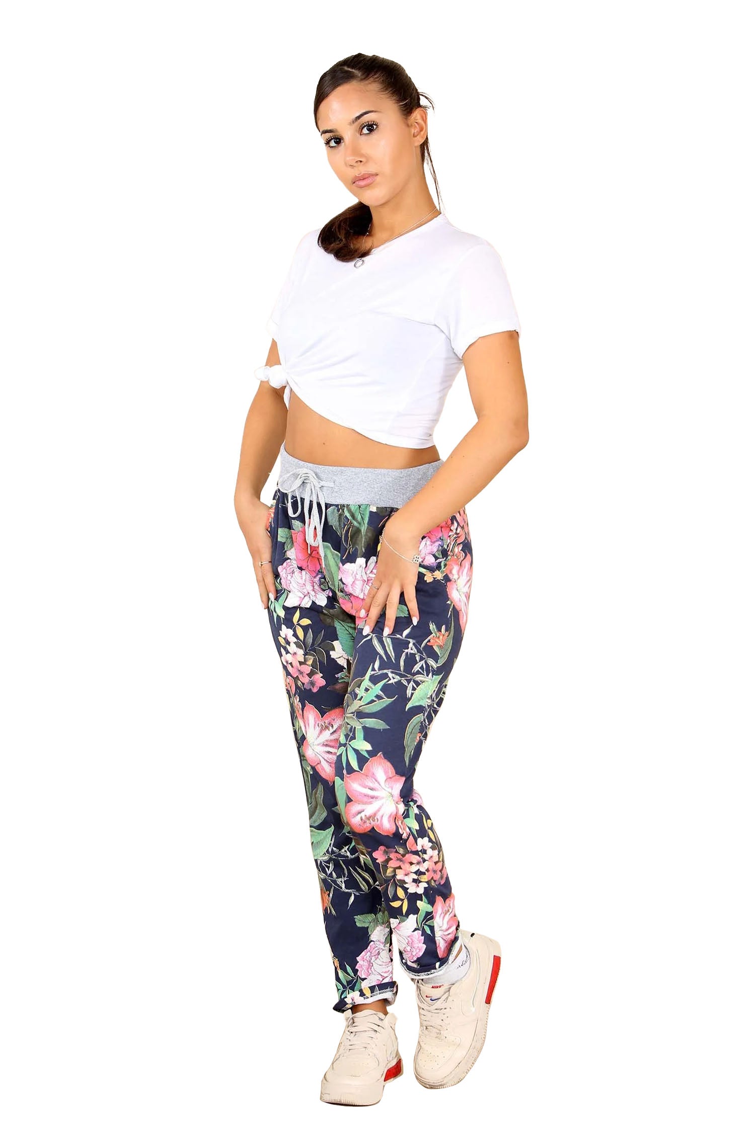 Italian Floral Print Drawstring Cotton Joggers - Blue