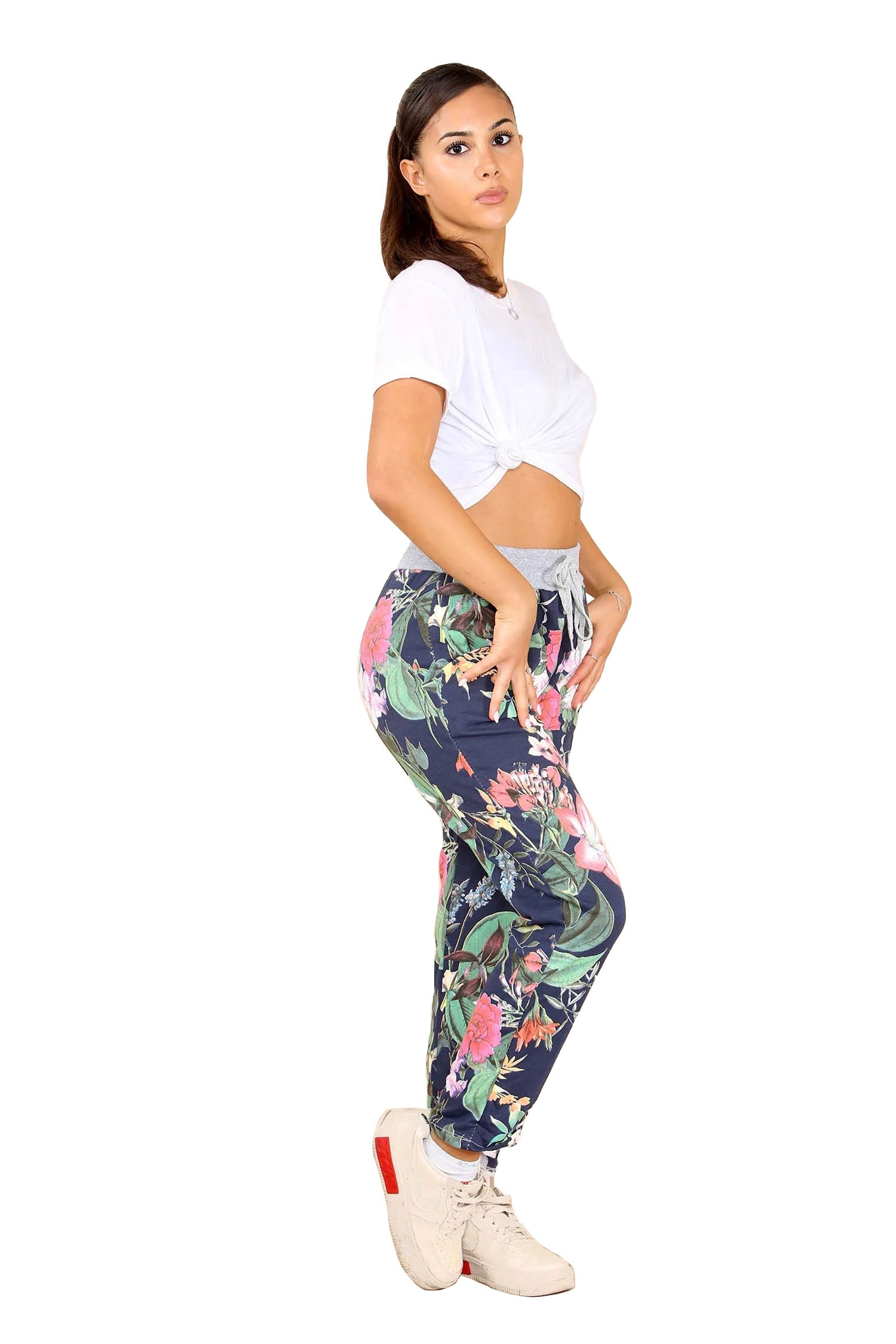 Italian Floral Print Drawstring Cotton Joggers - Blue