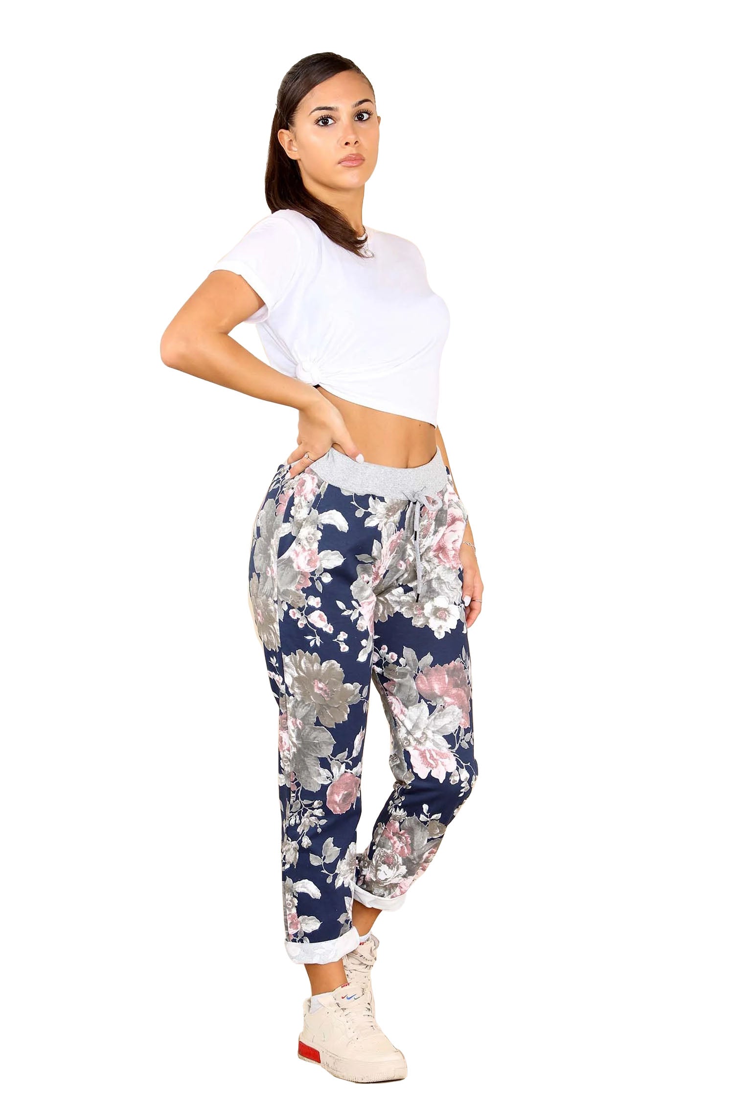 Italian Floral Print Drawstring Cotton Joggers - Blue