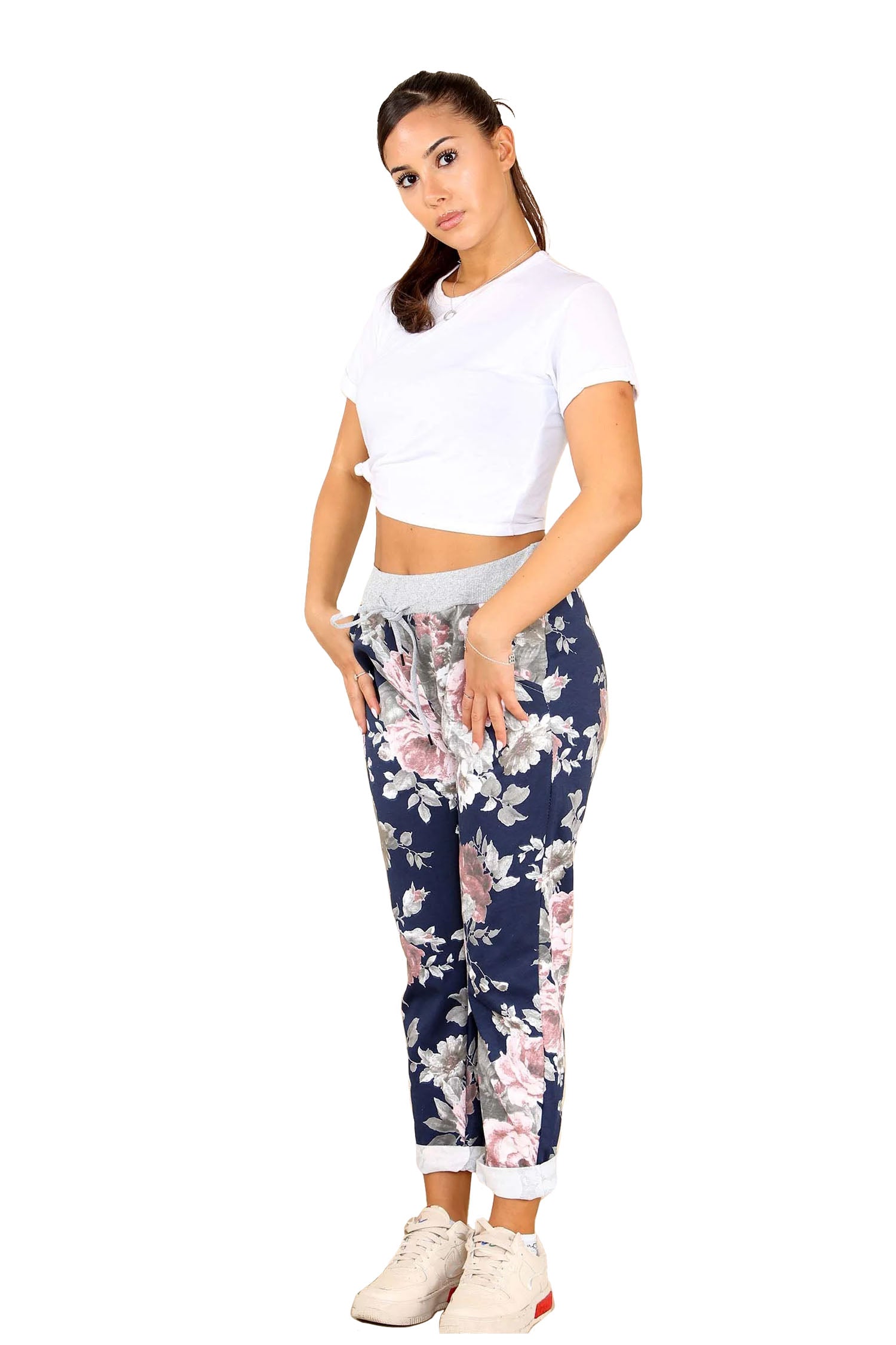 Italian Floral Print Drawstring Cotton Joggers - Blue