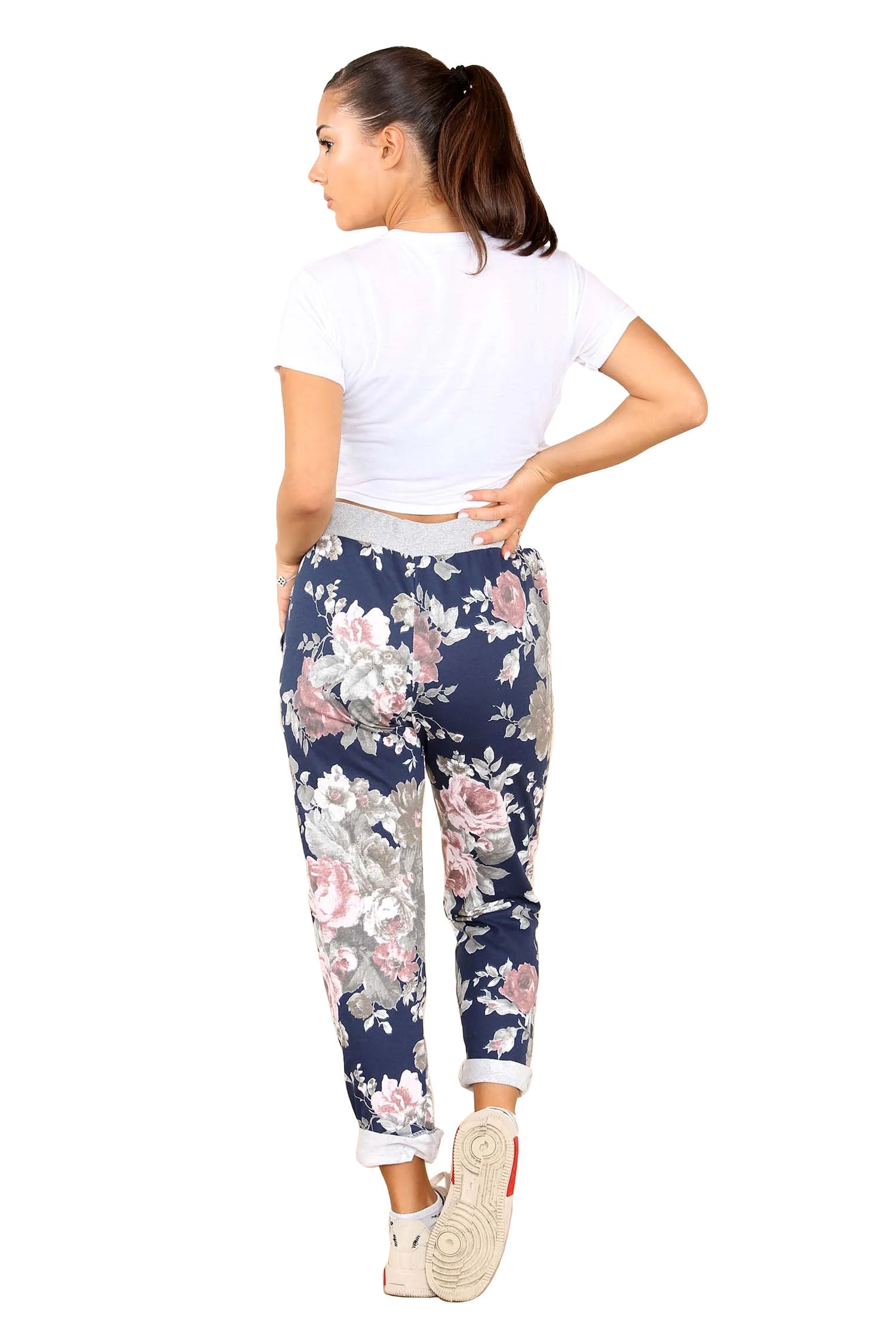 Italian Floral Print Drawstring Cotton Joggers - Blue