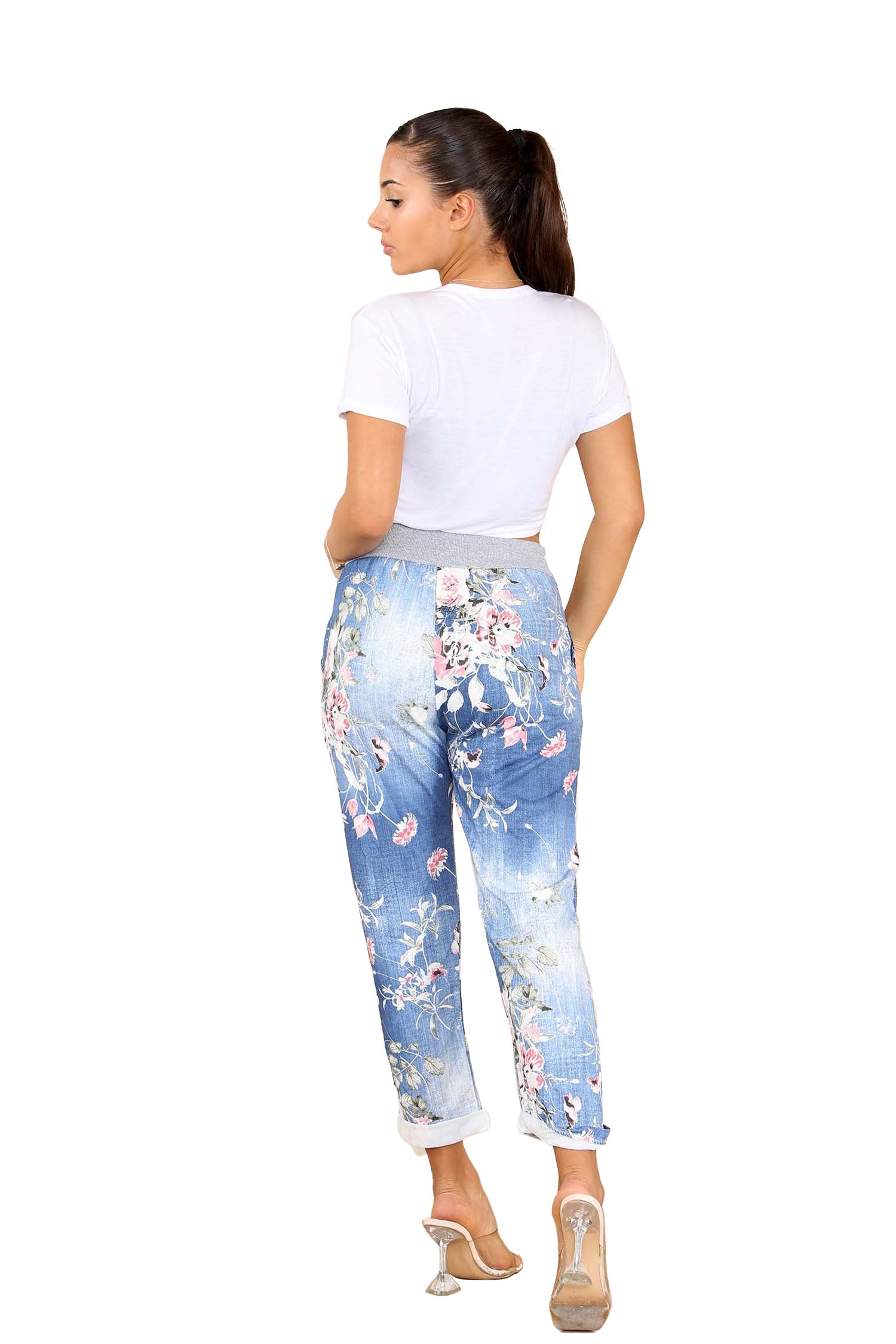 Italian Floral Print Drawstring Cotton Joggers - Blue