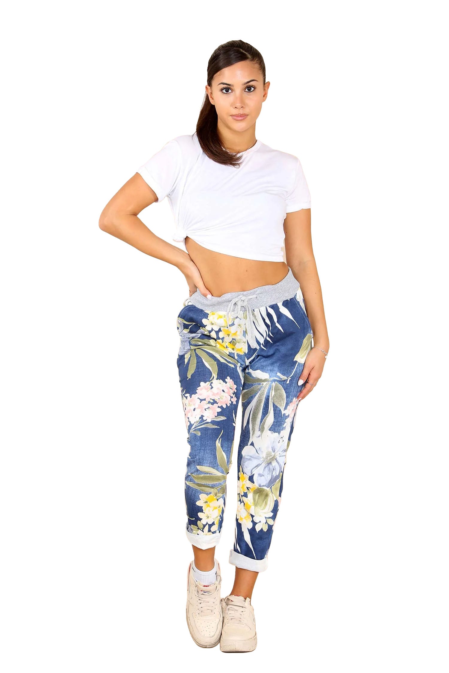 Italian Floral Print Drawstring Cotton Joggers - Denim Blue