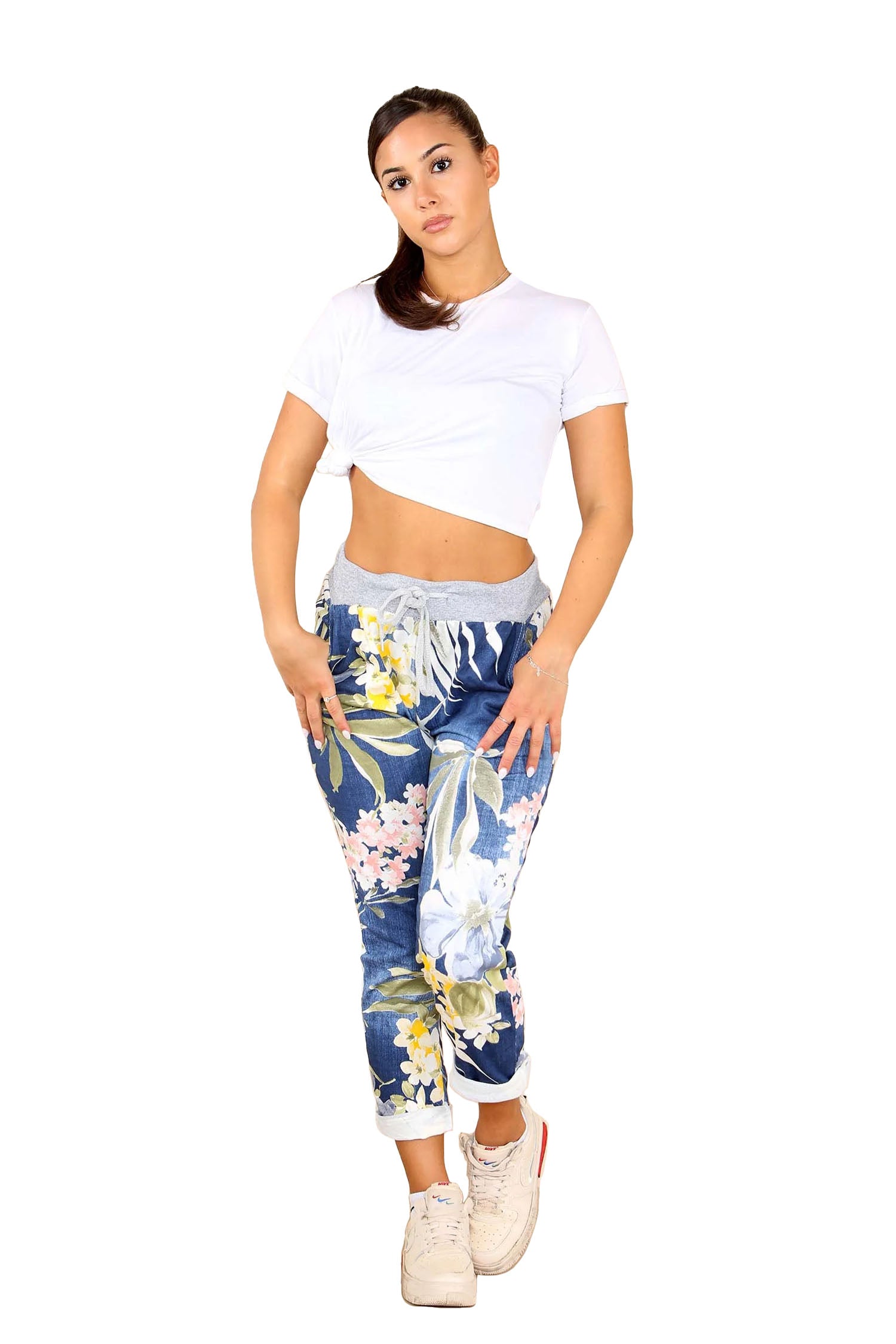 Italian Floral Print Drawstring Cotton Joggers - Denim Blue