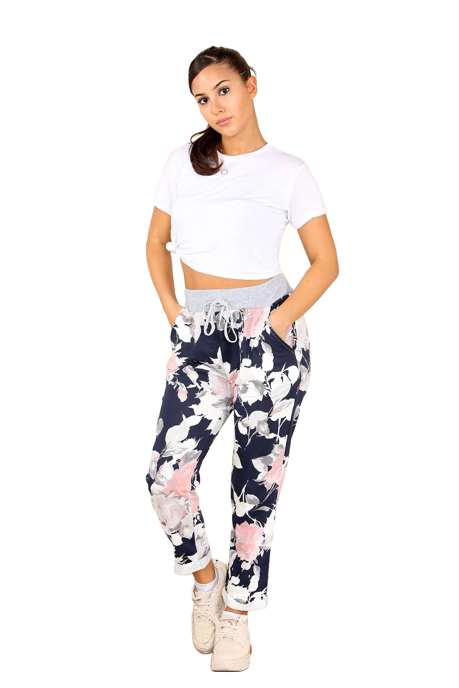 Italian Floral Print Drawstring Cotton Joggers - Denim Blue