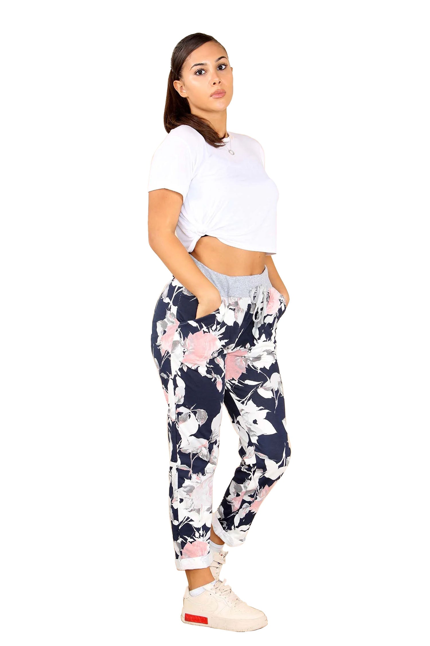 Italian Floral Print Drawstring Cotton Joggers - Denim Blue