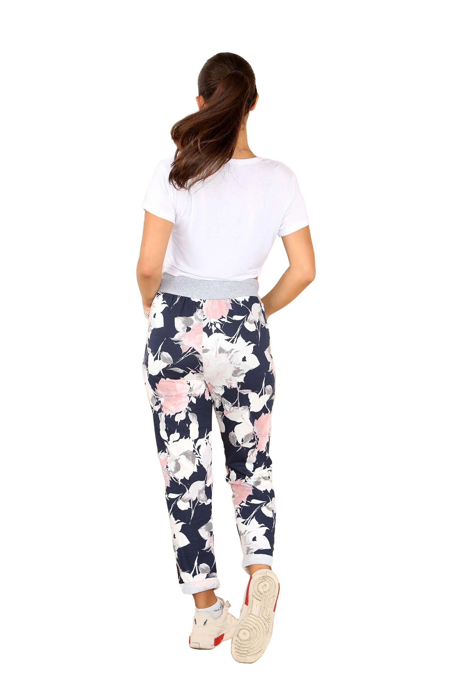 Italian Floral Print Drawstring Cotton Joggers - Denim Blue