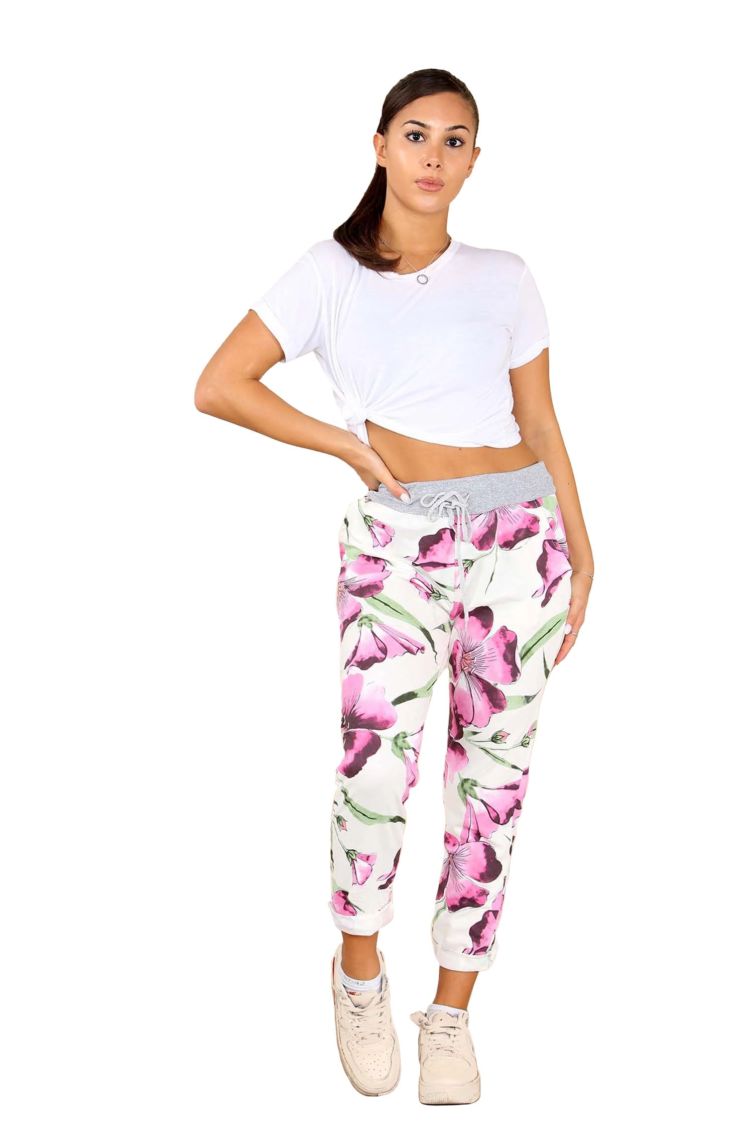 Italian Floral Print Drawstring Cotton Joggers - Falsa