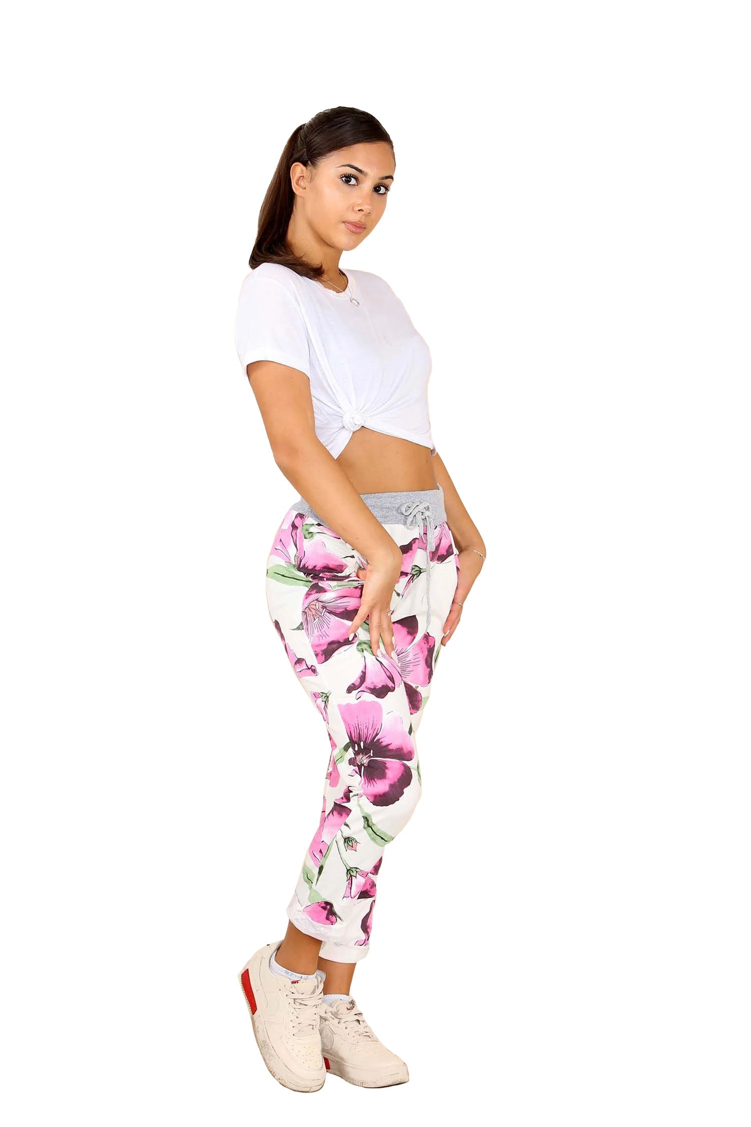 Italian Floral Print Drawstring Cotton Joggers - Falsa